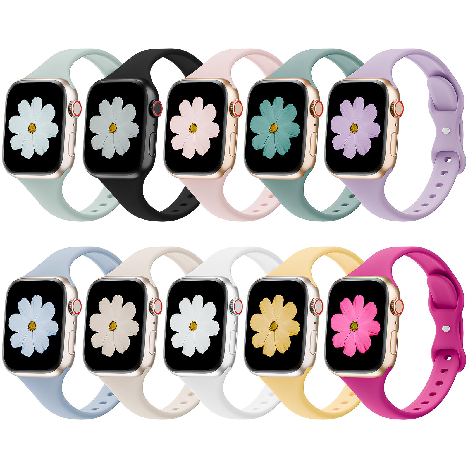 10 Pack Slim Bands Compatible with Apple Watch Bands 38mm 40mm 41mm 42mm 44mm 45mm 46mm 49mm, Soft Thin Silicone Sport Narrow Strap for iWatch Series