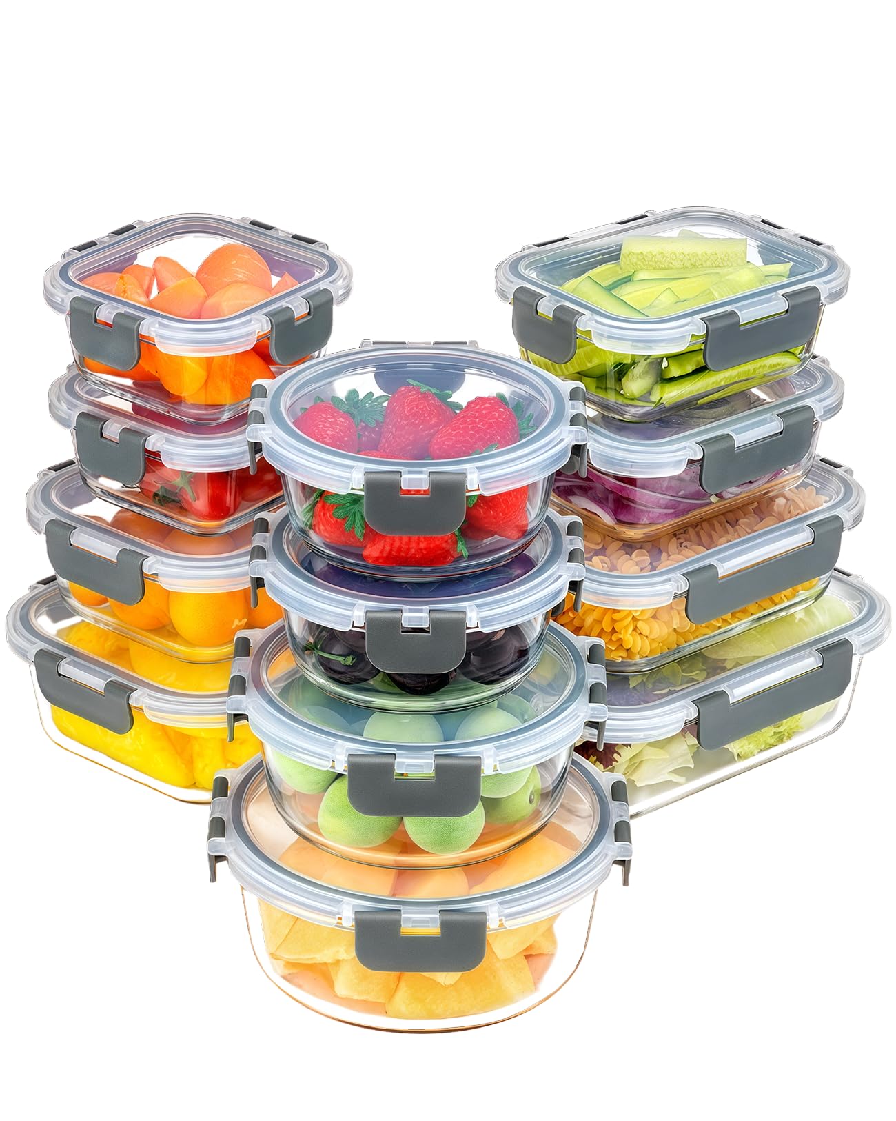 KUMD 24-Piece Set (12-Pack) Borosilicate Glass Food Storage Containers with Upgraded Detachable Locking Lids - Round, Square & Rectangular Meal Prep Boxes, Microwave/Oven Safe