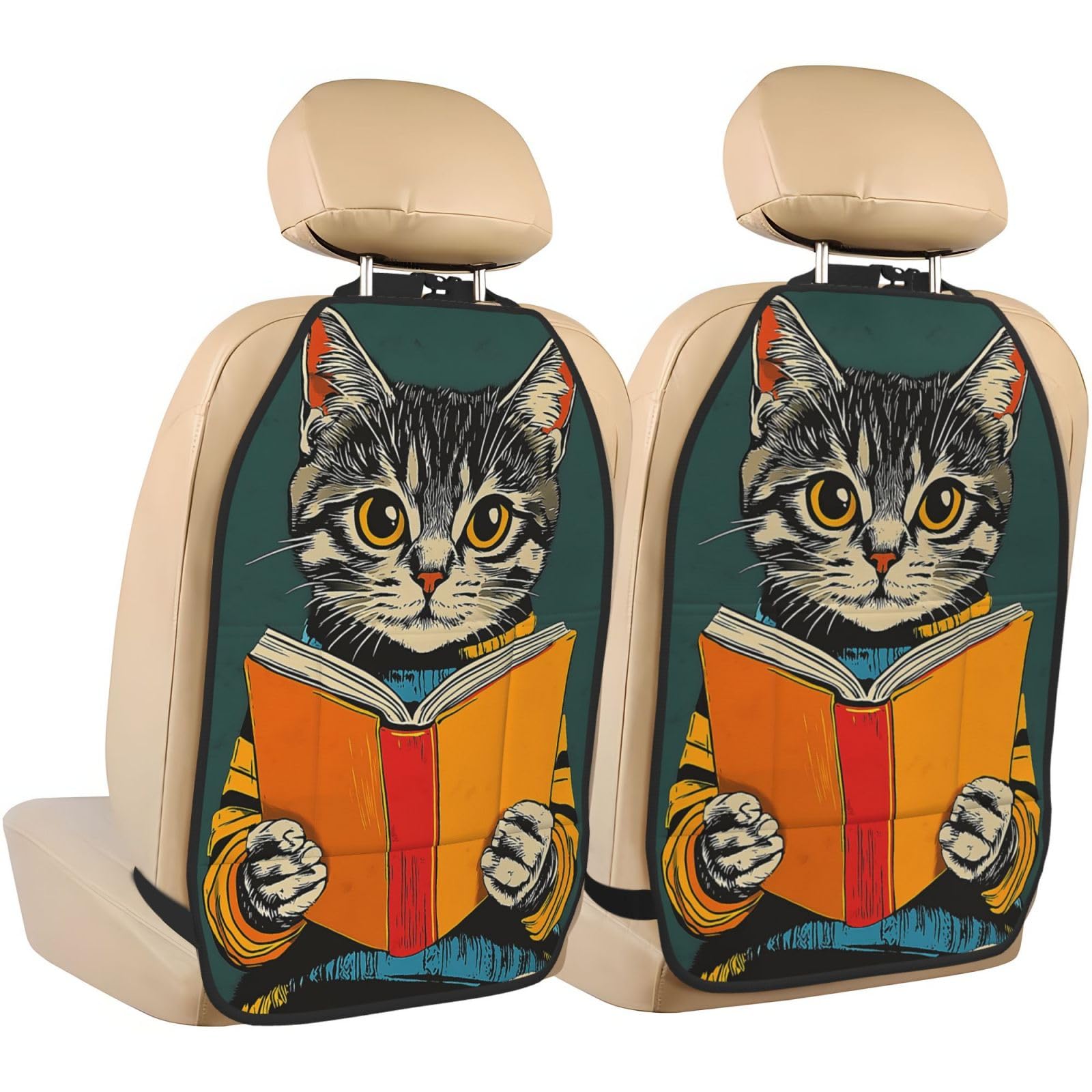 Vintage Tabby Cat Reading Car Seat Back Kick Protectors,2 Pack Kick Mats With Storage Pockets For Vehicles To Protect From Dirt Mud Scratches