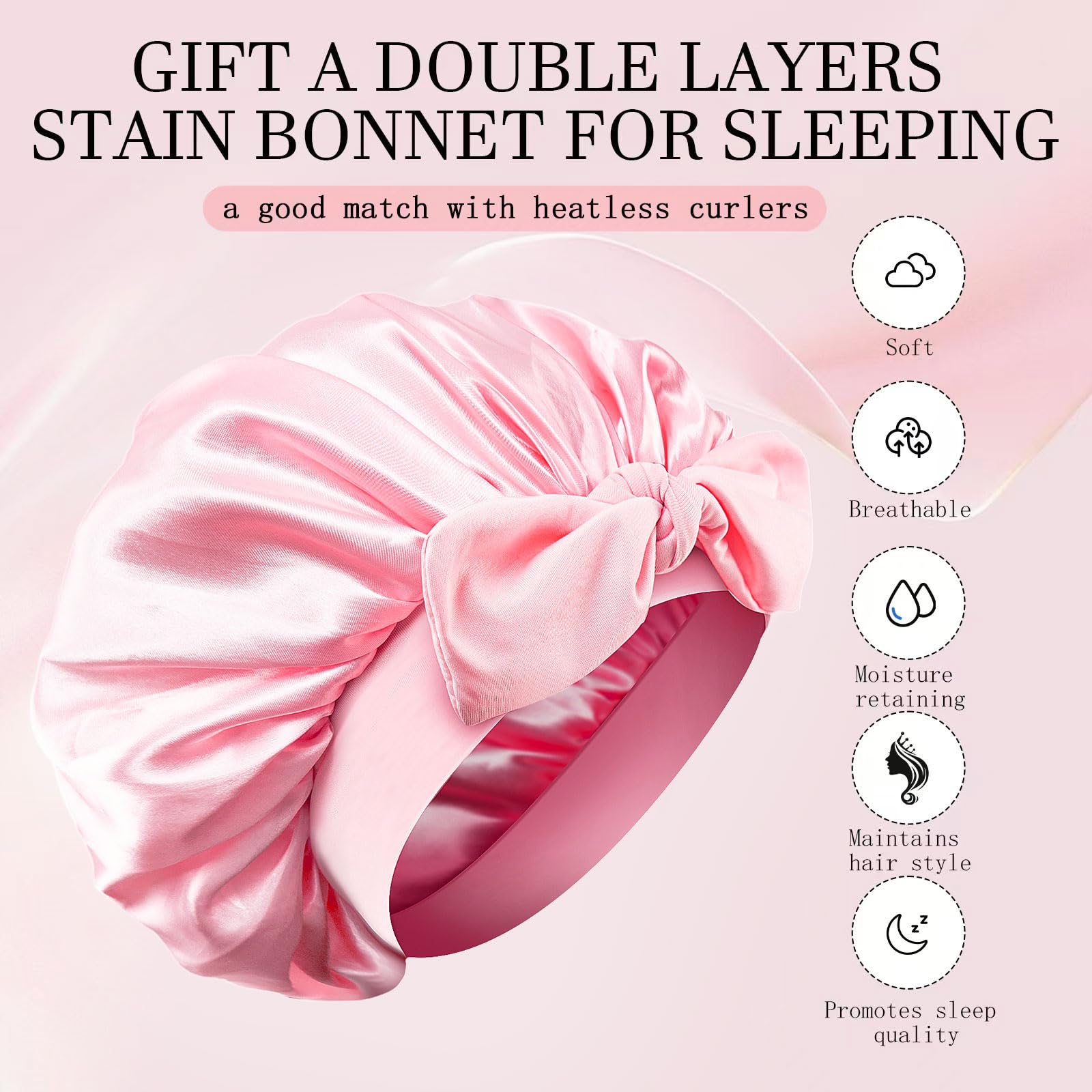 Hroevc No Heat Overnight Curls with Double Layer Satin Bonnet - Soft Hair Curlers to Sleep In, heatless Curling Rods Set + Silk Bonnet for Women & Girls Long Hair, Heatless Waves & Volume (Pink)