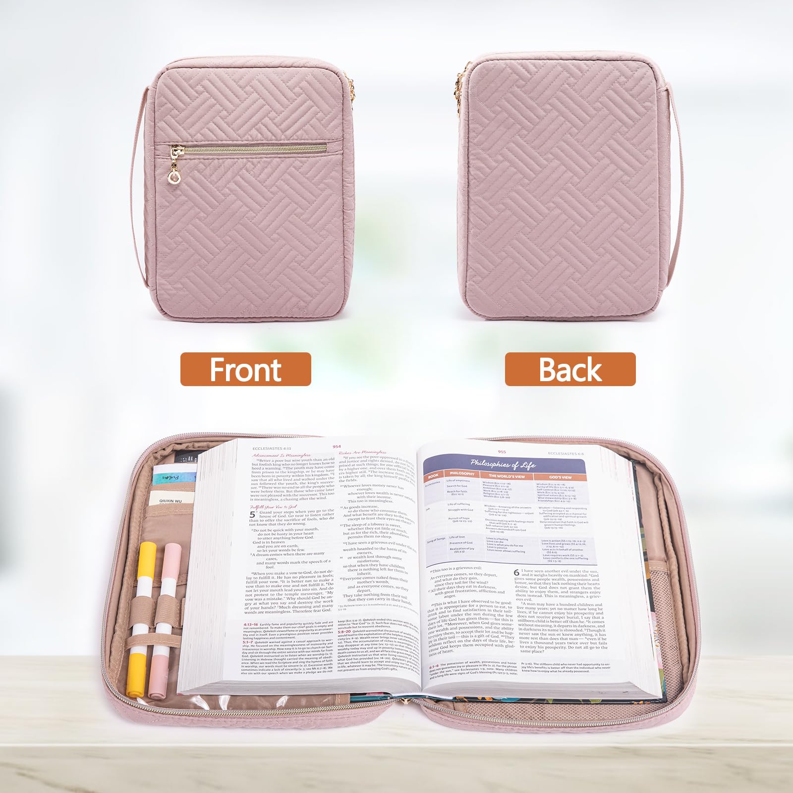 APLUFINE Funda acolchada para la Biblia para mujer, bolsa organizadora con cremallera con funda para suministros de estudio, accesorios y diarios, regalo de transporte de iglesia para niñas, funda de