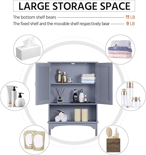 Miniatura 16 de Yaheetech Armario sobre el inodoro, organizador de almacenamiento de baño de doble puerta, estante de inodoro con estante interior ajustable y