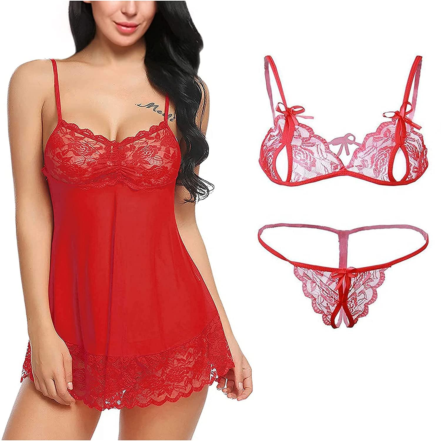 rouxous Combo Lace Babydoll Lingerie Sexy Mini Chemise Mesh Wedding Nightie Bridal Nightdress with Bikini Set-picture-51