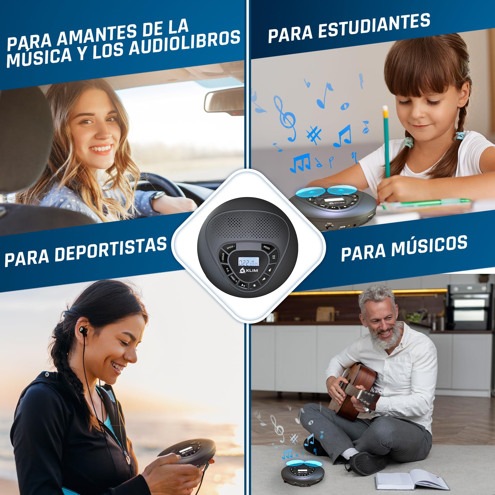 KLIM Speaker BT - Reproductor de CD portátil con Altavoces - Nuevo - con batería recarable - Discman CD portatil - Auriculares - Lector de Tarjetas SD/TF, AUX, Ideal para el Coche