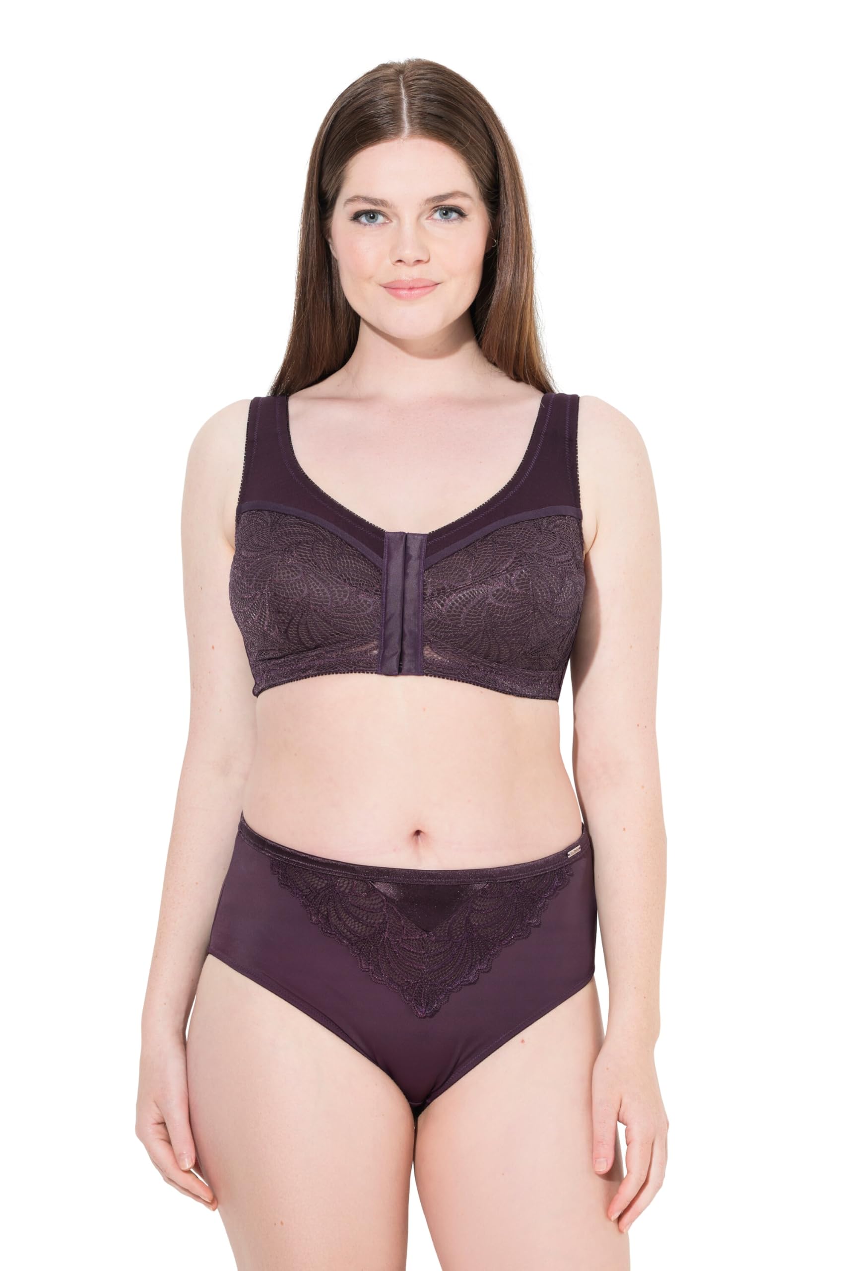 Ulla Popken Womenswear Plus Size Curvy Front Closure Wirefree Kelly Fit Support Bra Grape red 115C 810232844-115C