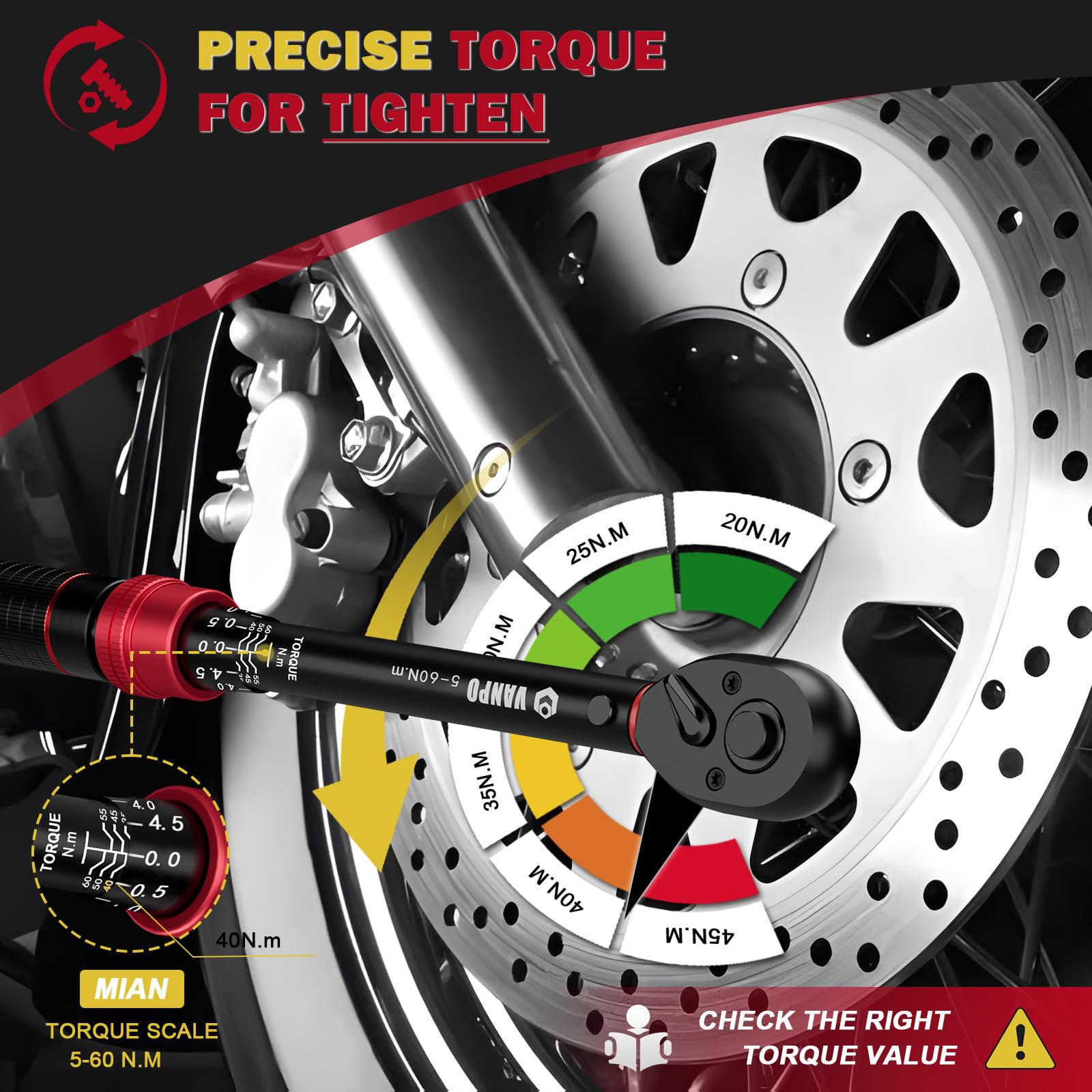 VANPO 3/8 Zoll Drehmomentschlüssel 5-60Nm, 72 Zähne Fahrrad & Motorrad Drehmomentschlüssel-Set 3 Teilen mit 125mm Verlängerungsstange, 3/8"-1/4" Adapter, für Auto Zündkerzenwechsel