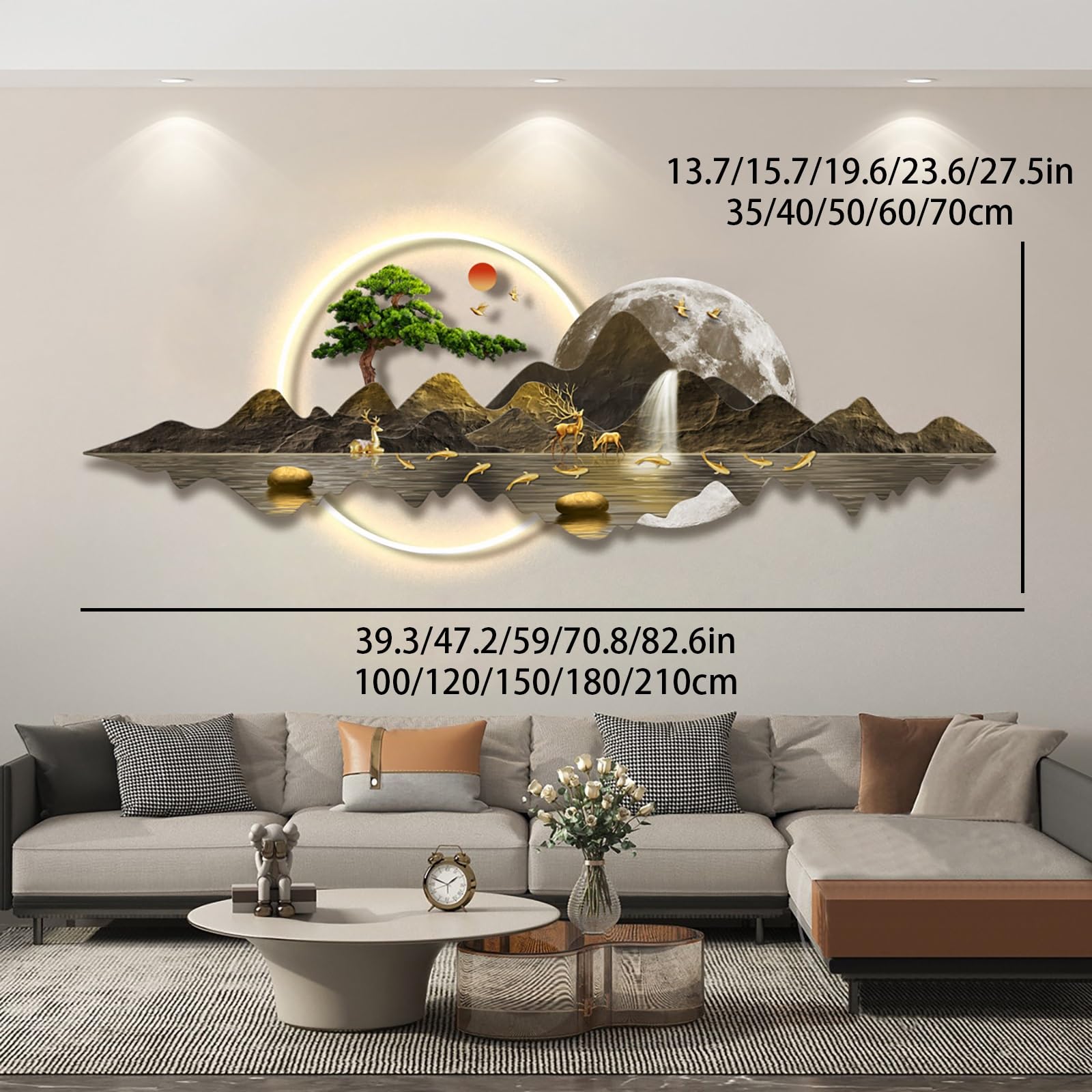 Sztuka ścienna 3D ze światłem LED, nowoczesna rzeźba z piaskowca, do salonu, sypialni, biura, domu, wisząca dekoracja (119 x 40 cm)