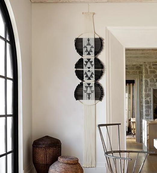 Flber Macrame Wall Hanging black and white Boho Wall Decor Art Living room wall art Round Handmade Geometric Lines Home Décor 11.8W x 65L