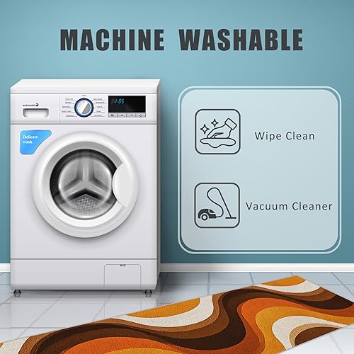 Miniatura 7 de Alfombra vintage de los años 70, 3 x 10, alfombra de pasillo retro marrón naranja con patrón ondulado, antideslizante, lavable, alfombra vintage de