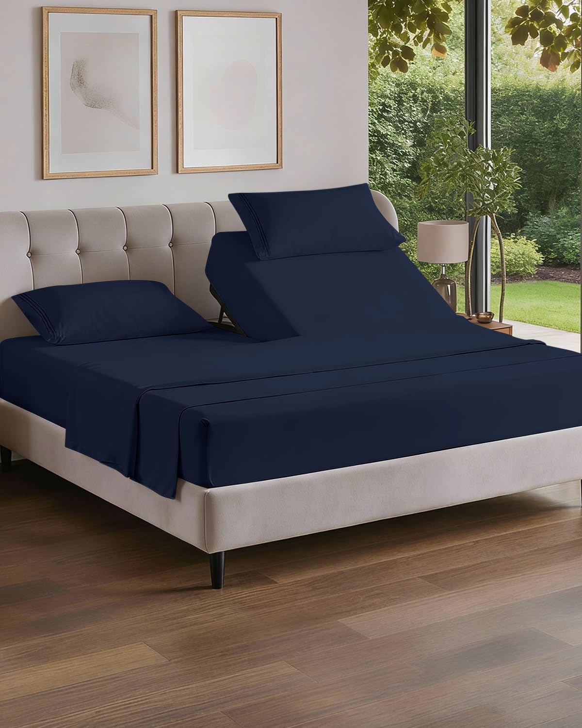 Flex Top Split Head King 4 Piece Sheet Set - Soft, Breathable & Cooling Bed Sheets Set - Hotel Luxury Bedding for Women & Men with Deep Pockets - Wrinkle Free & Fade Resistant - Oeko-Tex - Navy Blue