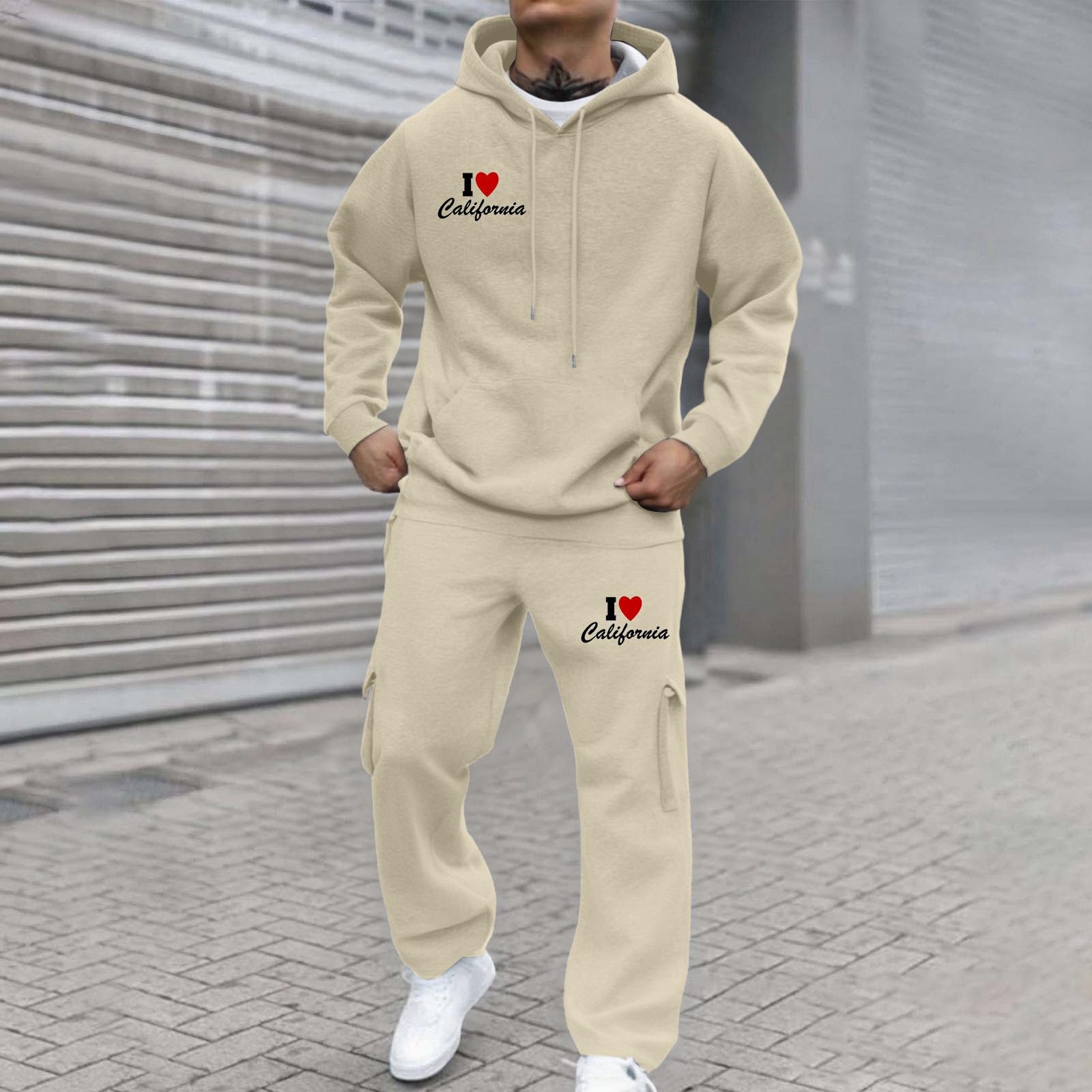 Generisch Chándal para hombre Traje de casa Sudadera con capucha + pantalones de jogging 2 piezas Algodón aireado cálido Y2K Hip Hop Traje deportivo de gimnasio Transpirable Fit