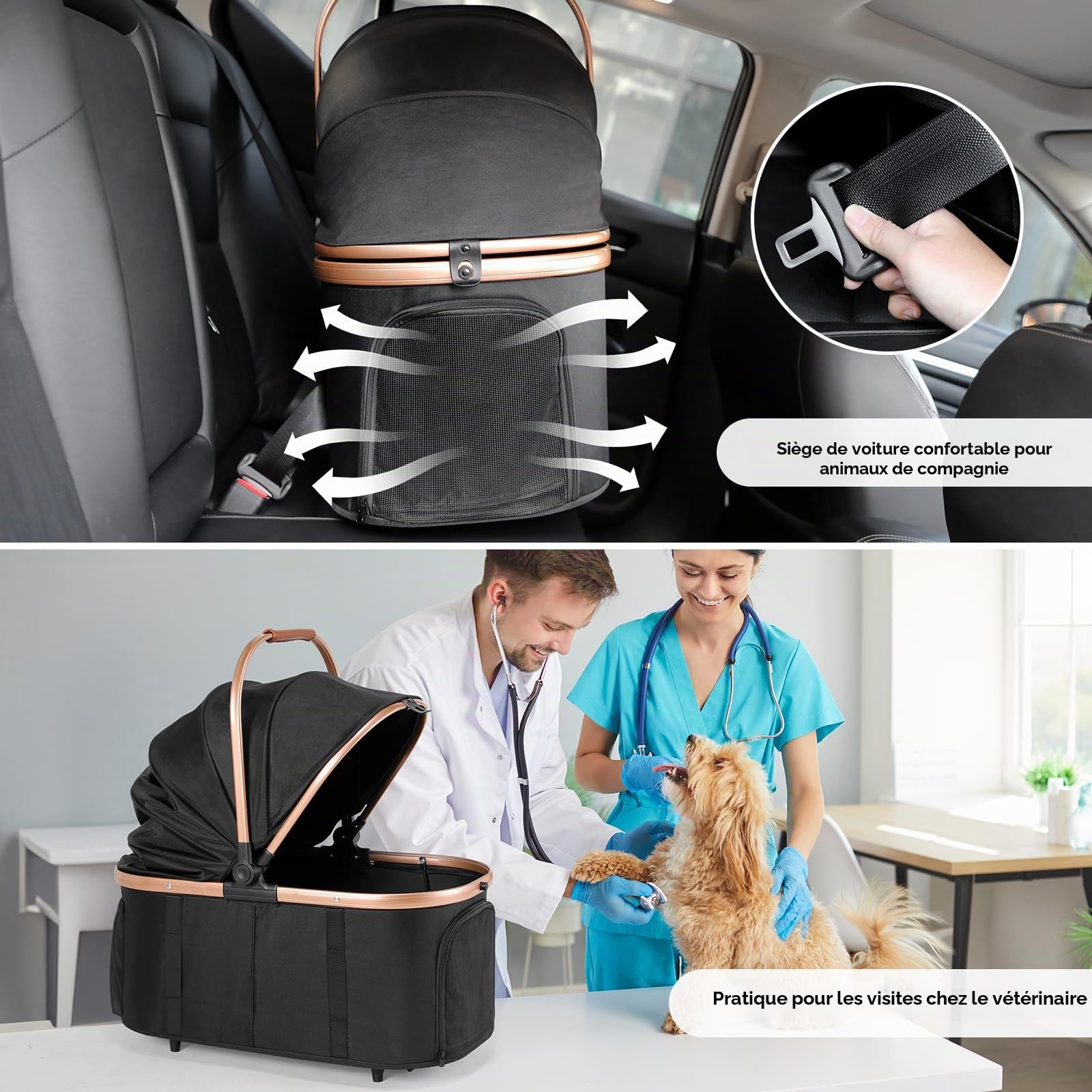 MAMIZO Poussette pour Chien 4 en 1, Pliable jusqu'à 25 kg, Sac de Transport Pliable, 4 PCS Roues Caoutchouc 360° avec Suspension Amortissante, Poussette Chien Tout Terrain (Noir)