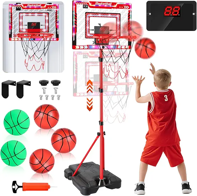 Charmofun Basketballkorb für Kinder - Höhenverstellbar 105-183cm mit LED-Lichtern und 5 Bällen