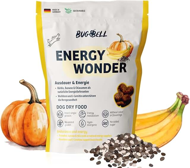 BugBell 800 g High Energy Dry Food for Dogs, Insect Protein without Cereals, Banana & Pumpkin & Chia & Salmon Oil & L-Carnitine Support an Active Dog Life, 100% Transparent Declaration product image