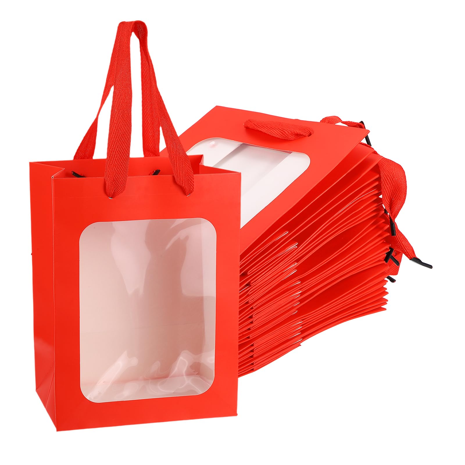 PATIKIL Gift Bags with Clear Window, (15 x 10 x 20cm, Red)(15 Pcs), Mini Gift Wrap Bags with Handles, Suit for Wedding/Birthday/Bridesmaid/Party/Shopping