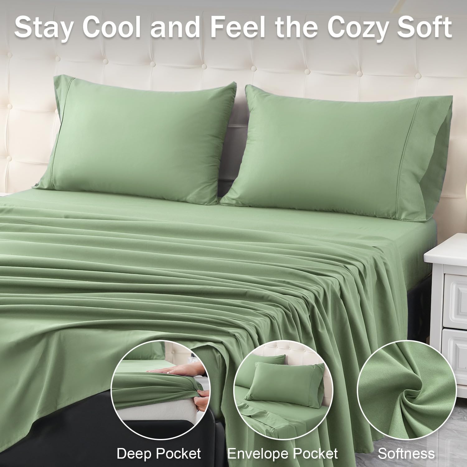 MICORAL Queen Bed Sheets Set, Soft Breathable Bedding Sheet Set, Sheets Set with 16" Deep Pocket Design (4 Pieces, Queen, Light Green) - Image 7
