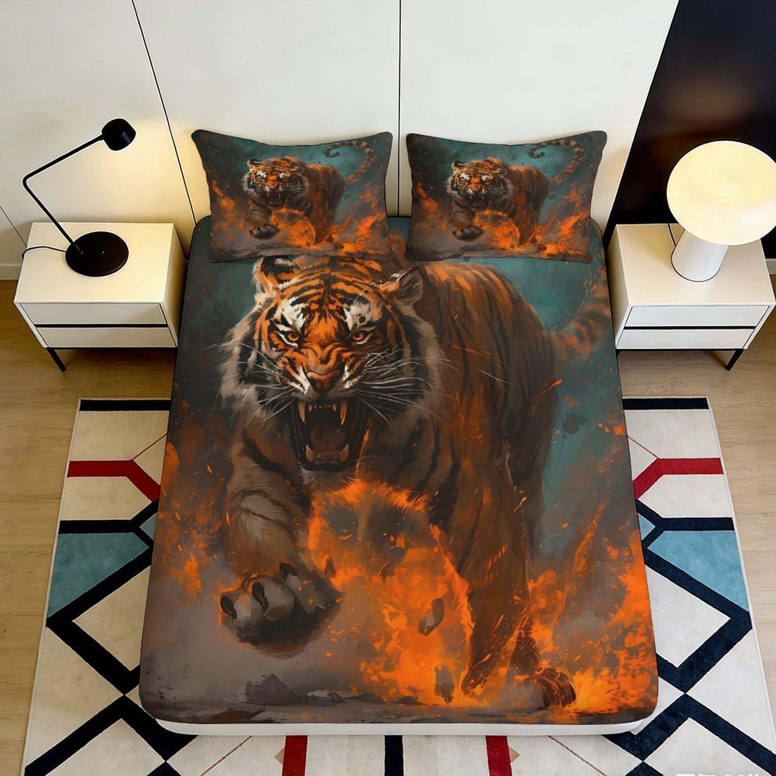 3D Printed Fierce Tiger Fitted Sheet Microfiber Durable Soft Nighttime Roaring Bed Cover for Bedroom Dorm Room Mattress Protection Decorative Use 140x200x25cm