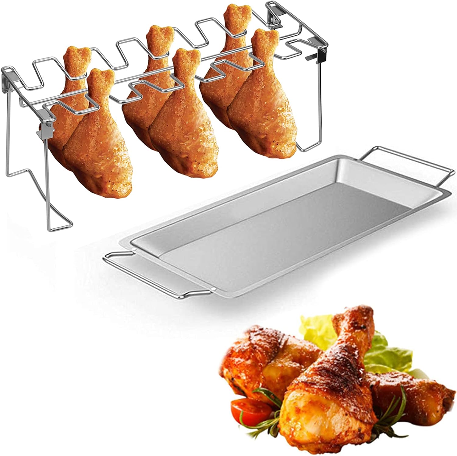 Amazon Co Jp チキンレッグウィンググリルラック ドリップパン付き14スロットステンレススチールロースタースタンド q チキンドラムスティックラック 喫煙者グリルまたはオーブン用 A ホーム キッチン