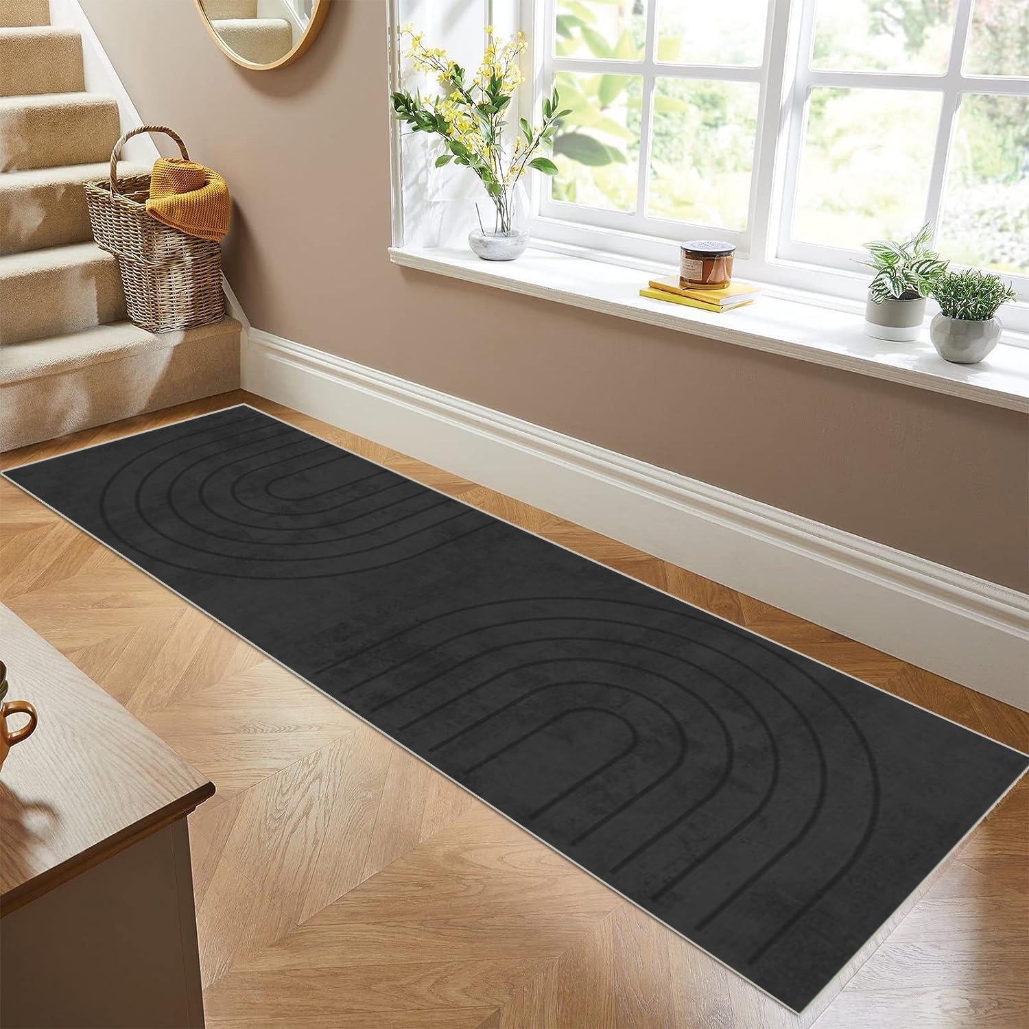 Tapis De Couloir Noir 70x260cm Design Minimaliste Moderne Tapis Couloir Long,Tapis Cuisine Devant Evier Lavable Tapis De Cuisine Long Antidérapant Tapis De Passage pour Chambre Salon