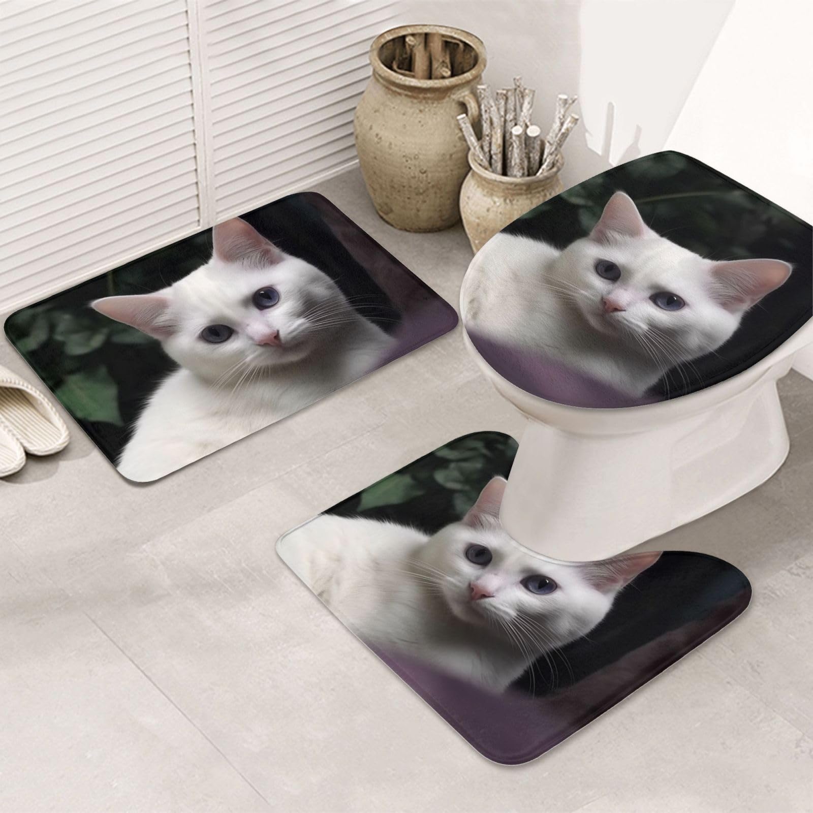 Dwrepo White Cat Print Bathroom Rug Set 3 Piece with Non-Slip U-Shaped Contour Mat and Toilet Lid Cover for Bathroom Decoration