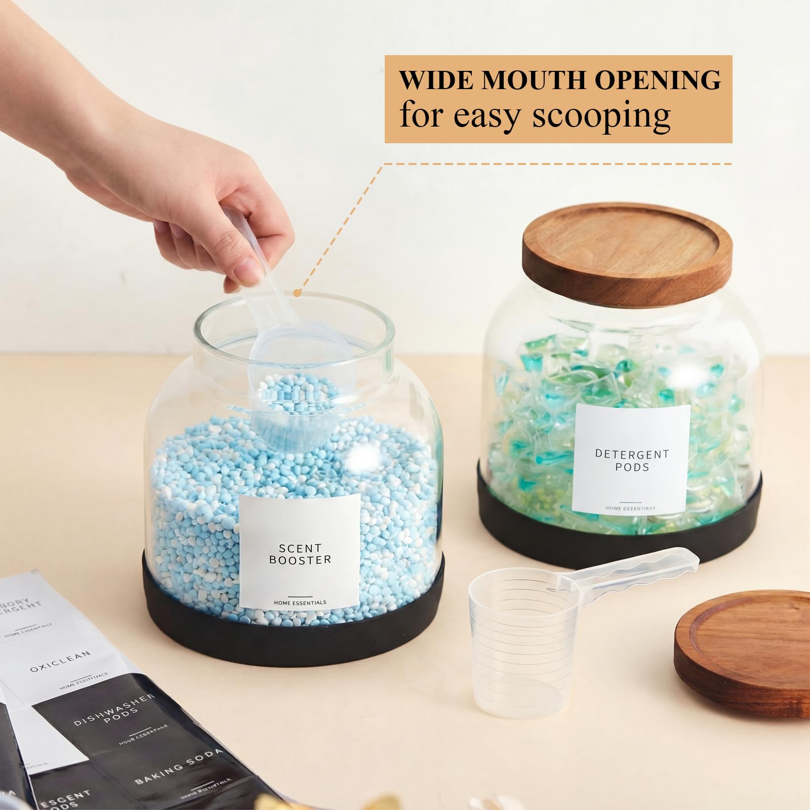 Glass Laundry Pod Containers - 2 Pack with Scoop & Labels -5 Glass Laundry Pod Containers - 2 Pack with Scoop & Labels -5
