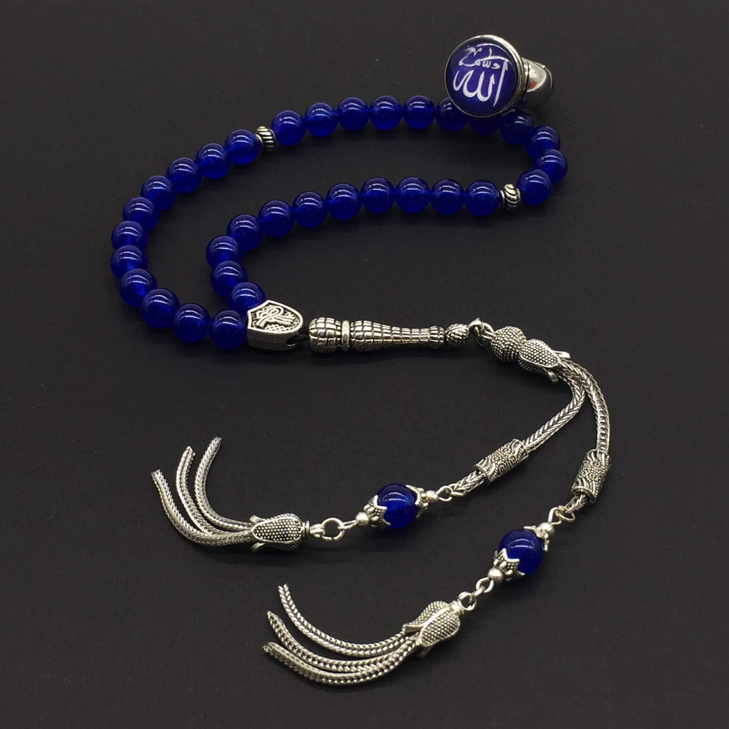 ALBATROSART -Blue Agate Stone -8mm -33 Beads - Worry Beads with Matching Stretch Ring - Elastic Ring with Replaceable Snap Button -Tesbih-Tasbih-Misbaha-Subha-Sibha-Rosary