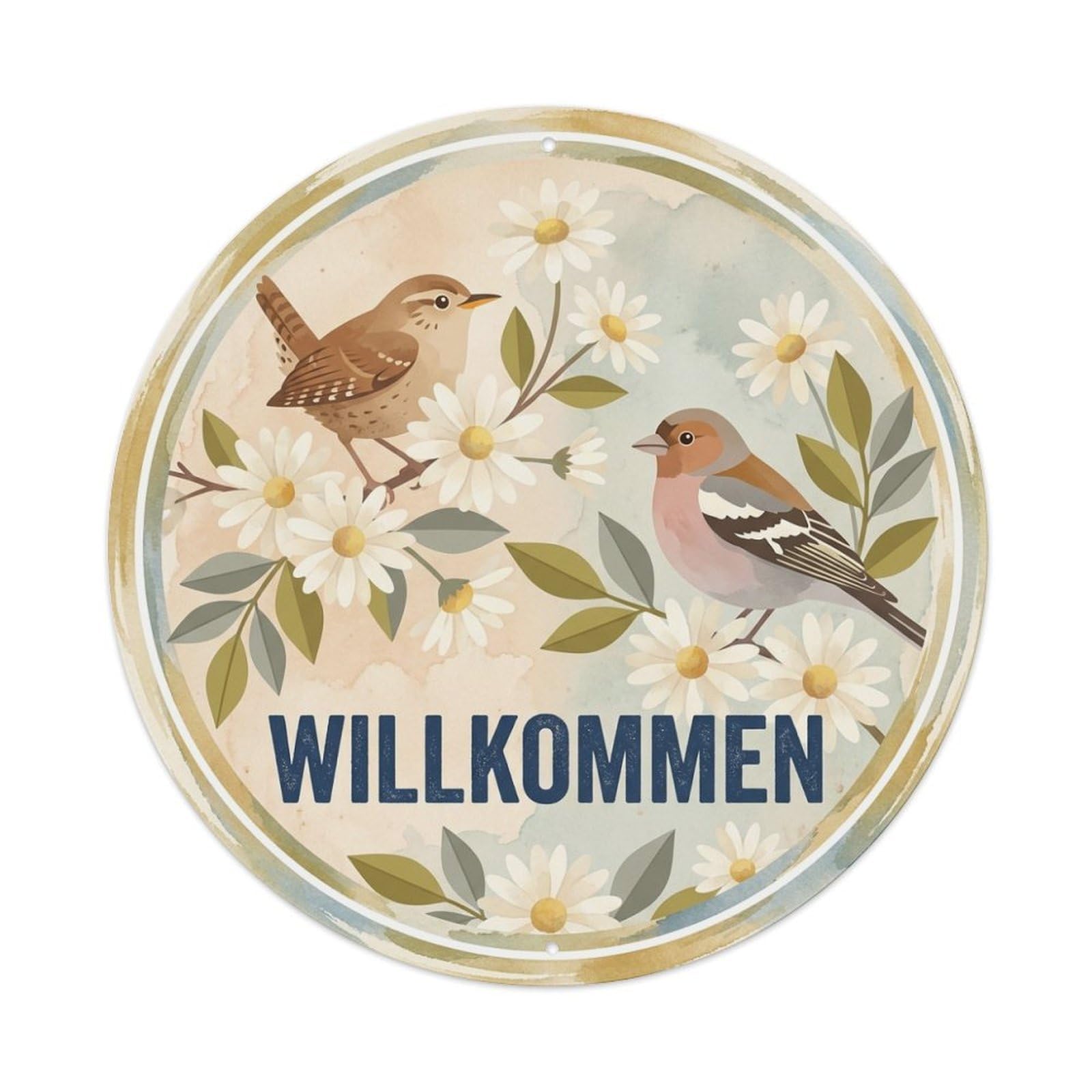Daisy Sprig Willkommen Watercolor Bird Slogan Metal Tin Sign