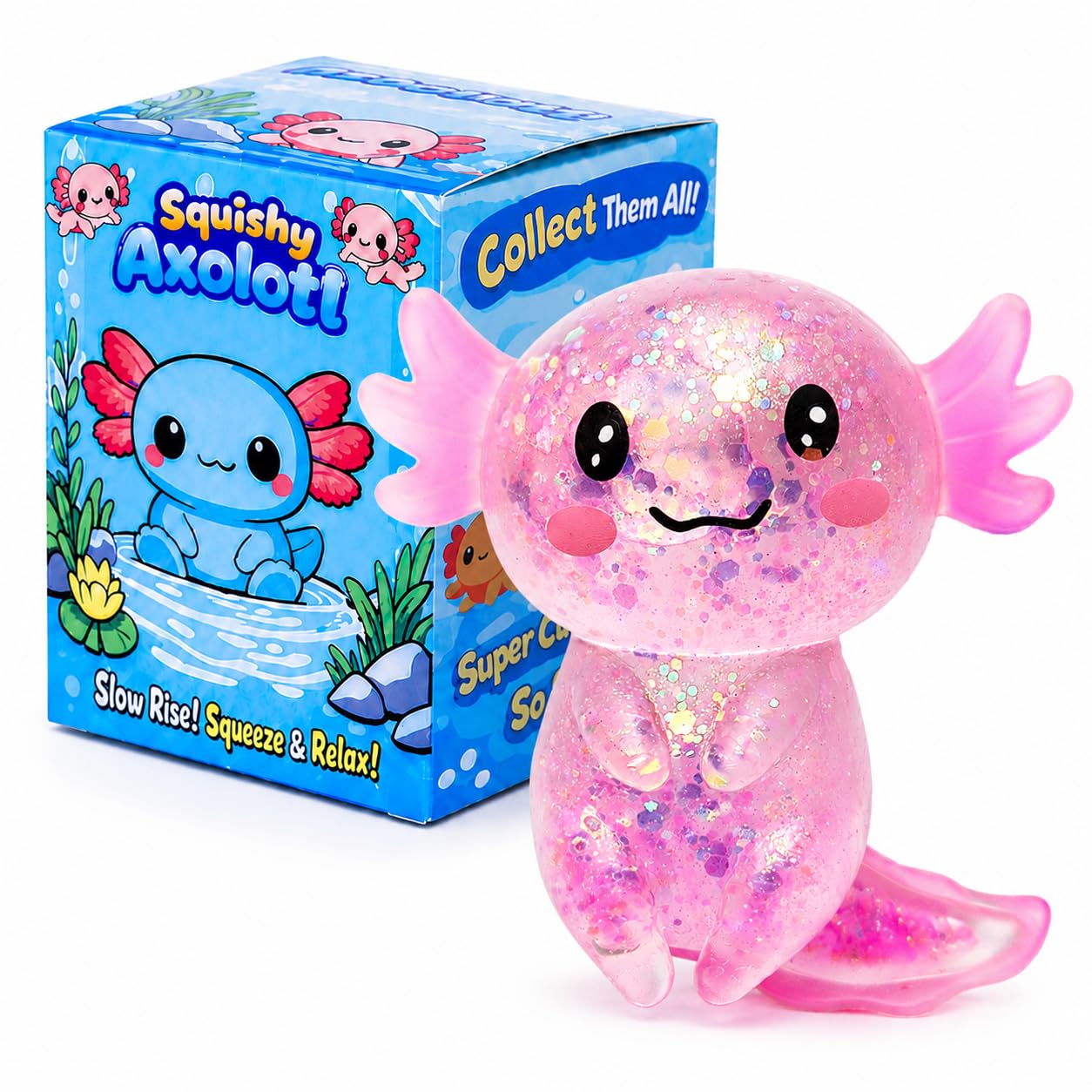 Axolotl Squishy Stress Ball, Soft TPR Slow Rising Squeeze Toy, Cute Axolotl Fidget Toy for Stress Relief, Anxiety Calming Sensory Toy for Kids Adults(pink Long tail Axolotl)