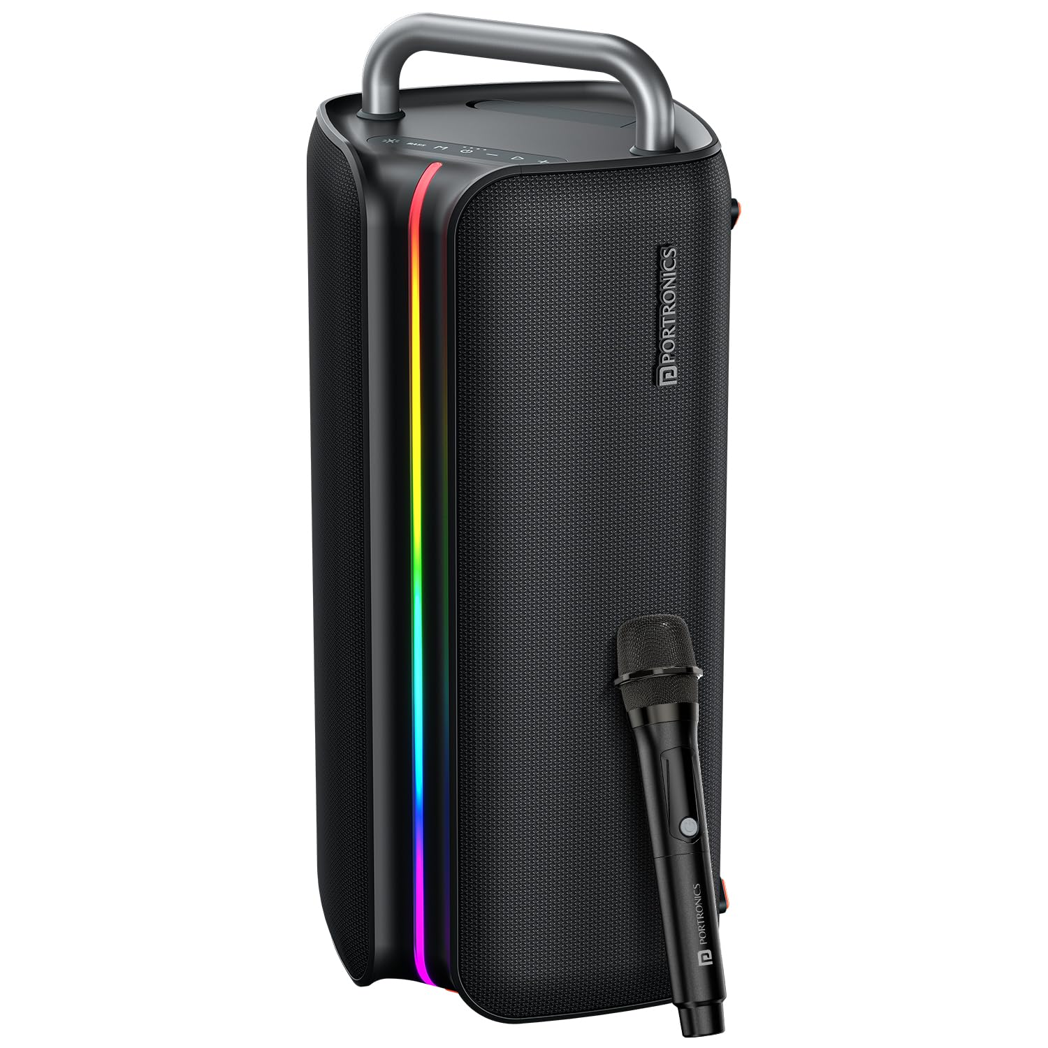 Portronics Nebula X 150W Party Speaker with Wireless Karaoke Mic, 7 Hours Playtime, Bass Boost Technology, TWS Mode, RGB LED Lights, BT V5.3, USB/AUX in, Sturdy Metal Handles, Type C Charging(Black)-image-7