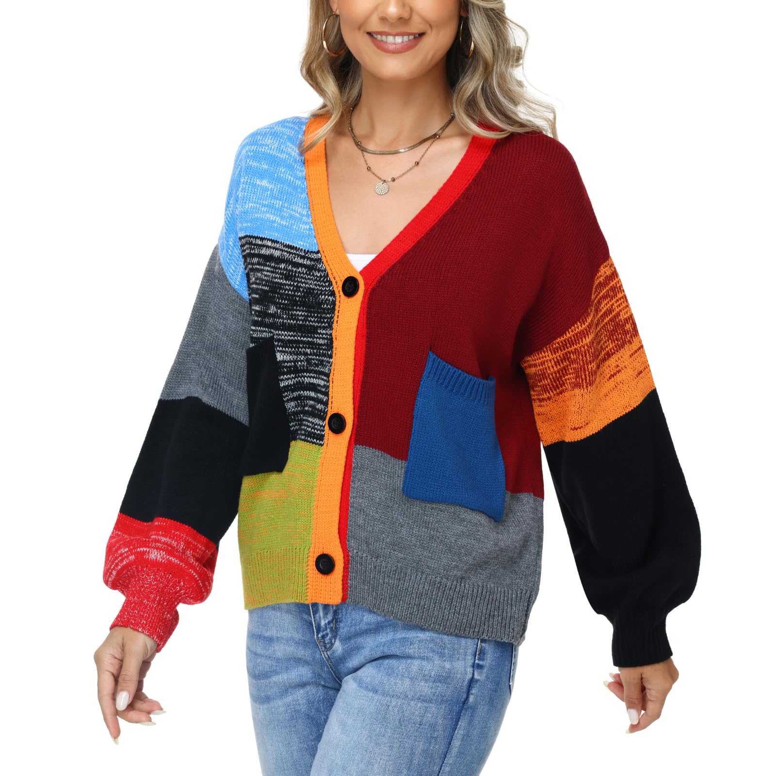 Patchwork Cardigan Sweaters for Women Color Block Cable Knitted V Neck Cardigan Chunky Fall and Winter Clothing