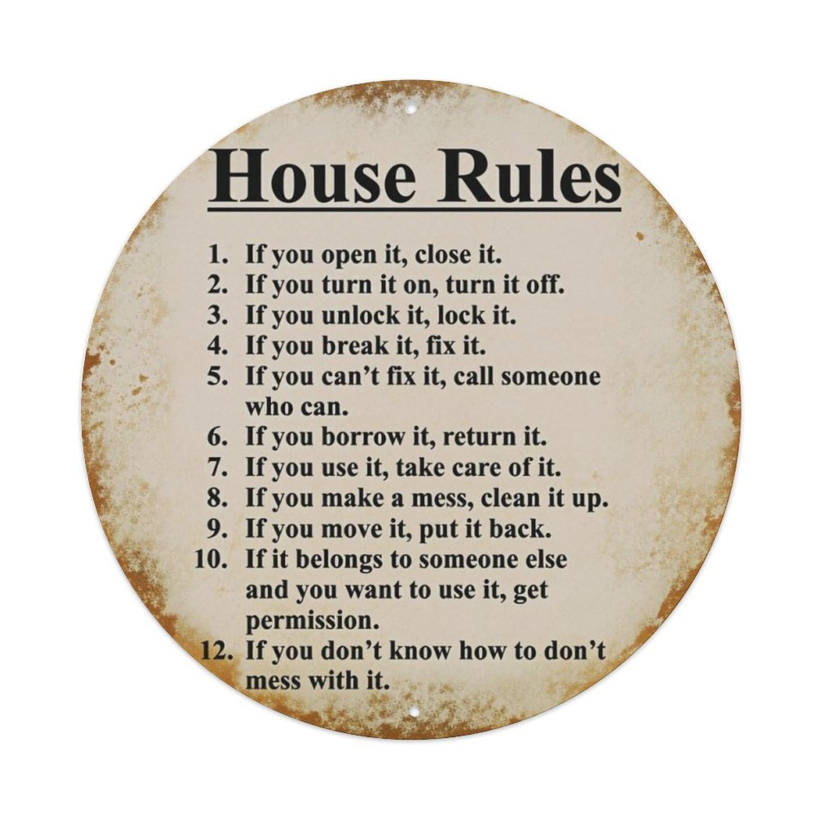 Vintage House Rules Round Decor Sign Vintage Aluminium Metal Sign, Retro Wall Decor for Home, Bar, Garage & Farmhouse 20x20cm