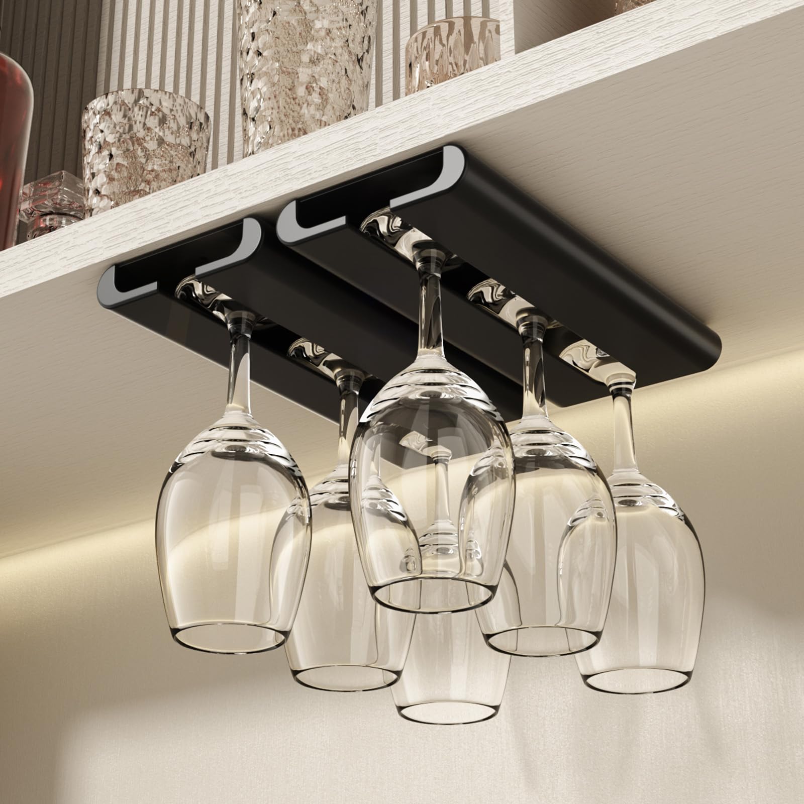 Vaisoeny Wine Glass Holder - 2Pack Under Cabinet Stemware Rack, No Drilling Installation, Hanging Rack for Kitchen and Bar (Black)
