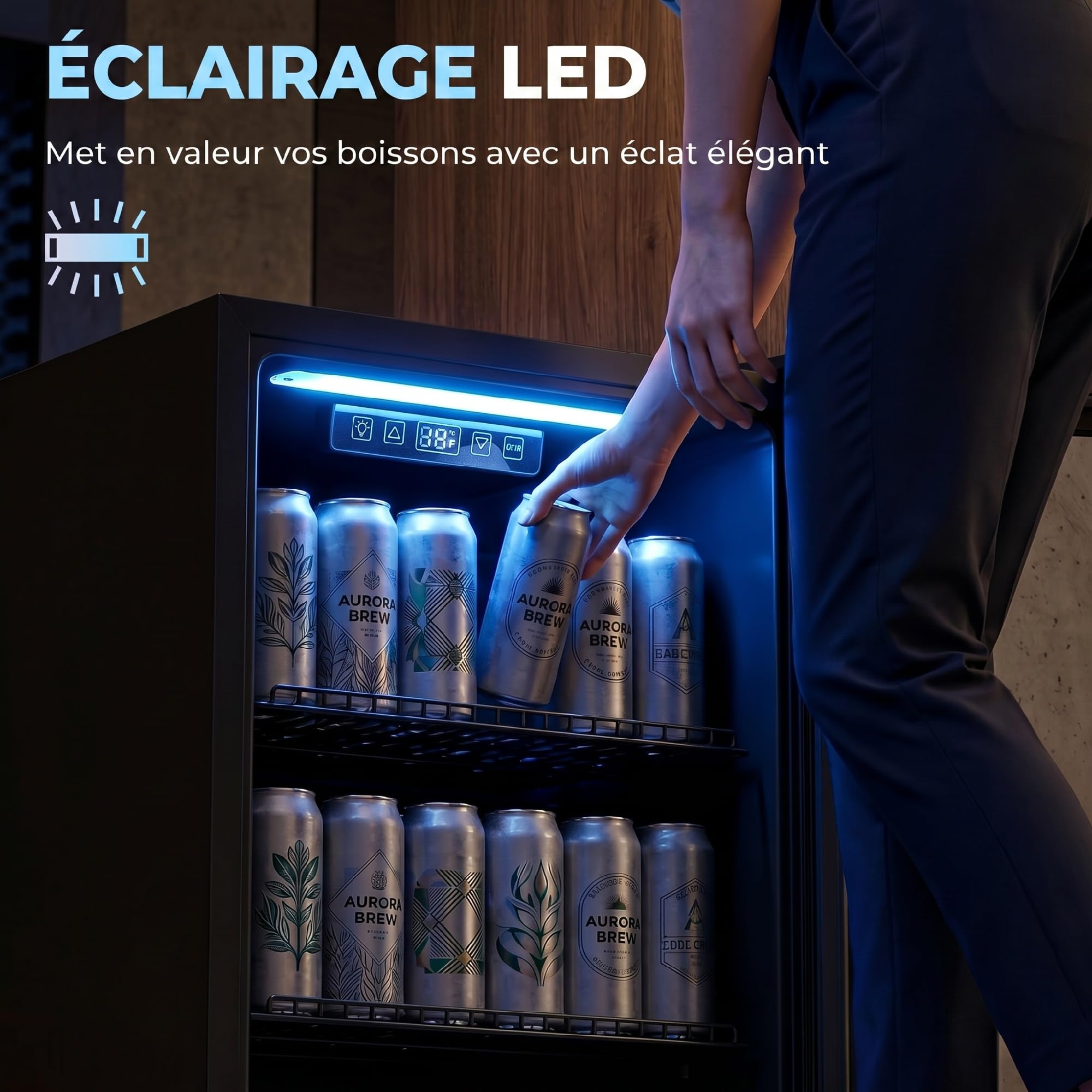 HOMCOM Réfrigérateur à Boissons 70L 70 Canettes, Frigo Silencieux Pose Libre, Porte Verre Trempé Double, Étagères Réglables, Éclairage LED, Noir