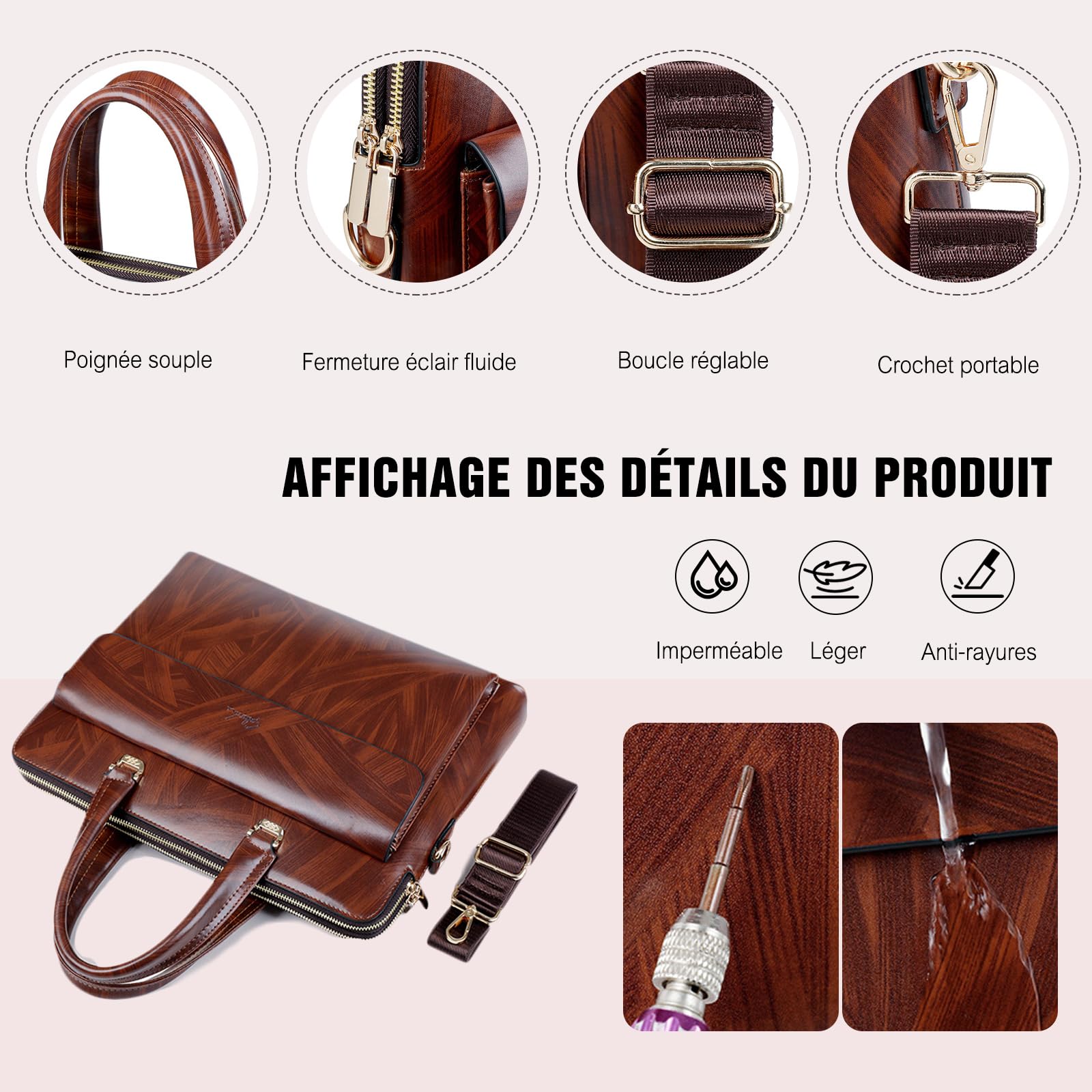 FANDARE Rétro Mallette Sacs pour 12.9 Pouces ordinateur portable Sacoches Homme cuir à grain de bois classique Porte-documents Cartable Serviette Portefeuille Sac messenger pour bureau, voyages