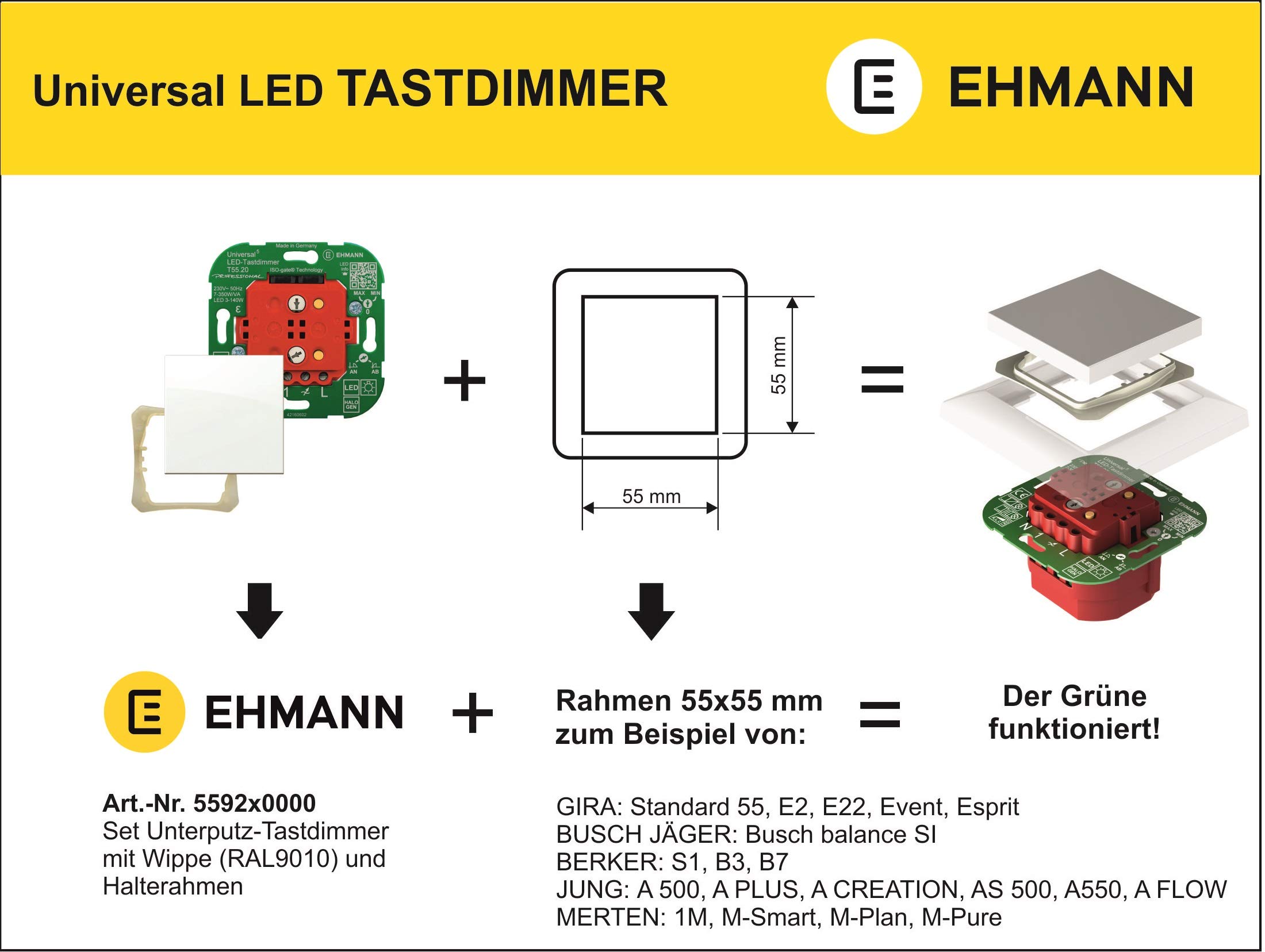 EHMANN LED-Universaldimmer, Unterputz-Tastdimmer, Dimmprinzip frei wählbar, Leistung: LED 3-140 W, 7-350 W/VA, inkl. Halterahmen und Wippe (RAL9010)