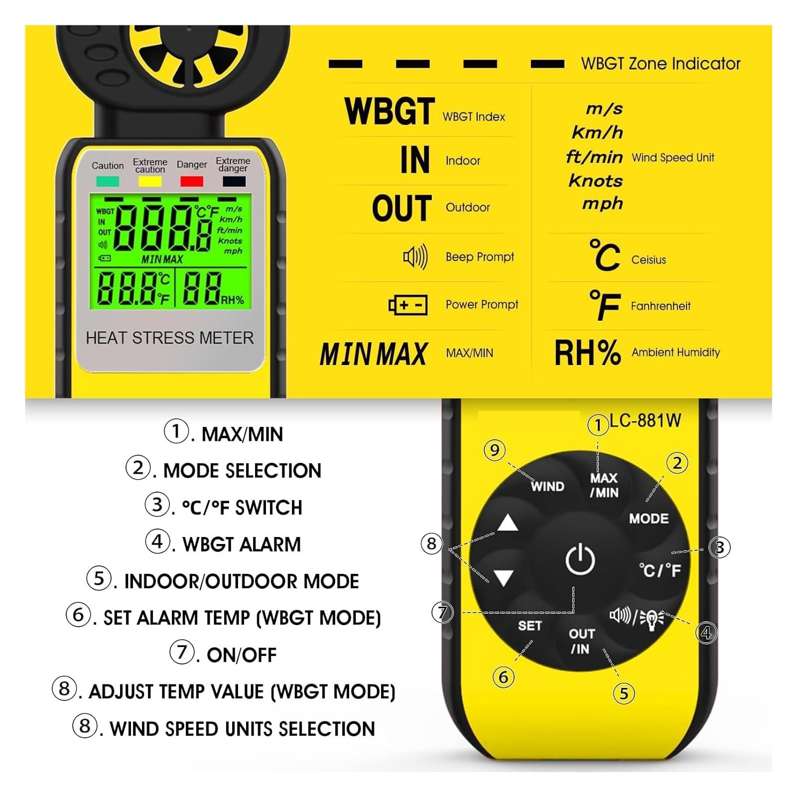 Anemometro, Anemómetro digital portátil con medidor de velocidad del viento, humedad y temperatura, alarma WBGT