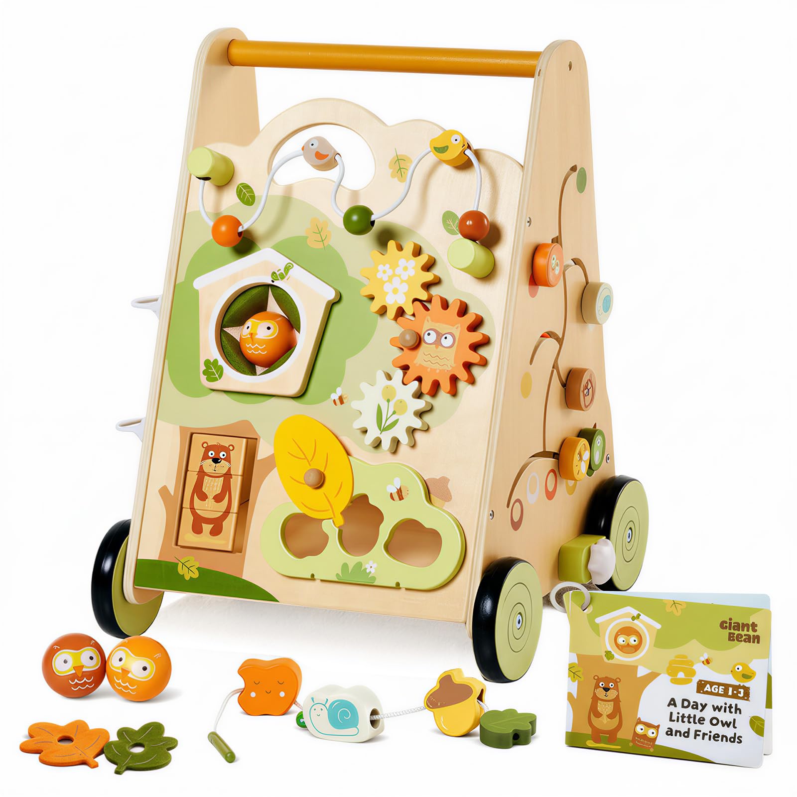 Trottinette bébé en bois multicolore – Aide au jeu et à la marche avec centre d'activités 8 en 1, vitesse réglable et roues antidérapantes pour enfants à partir de 1 an (design hibou)