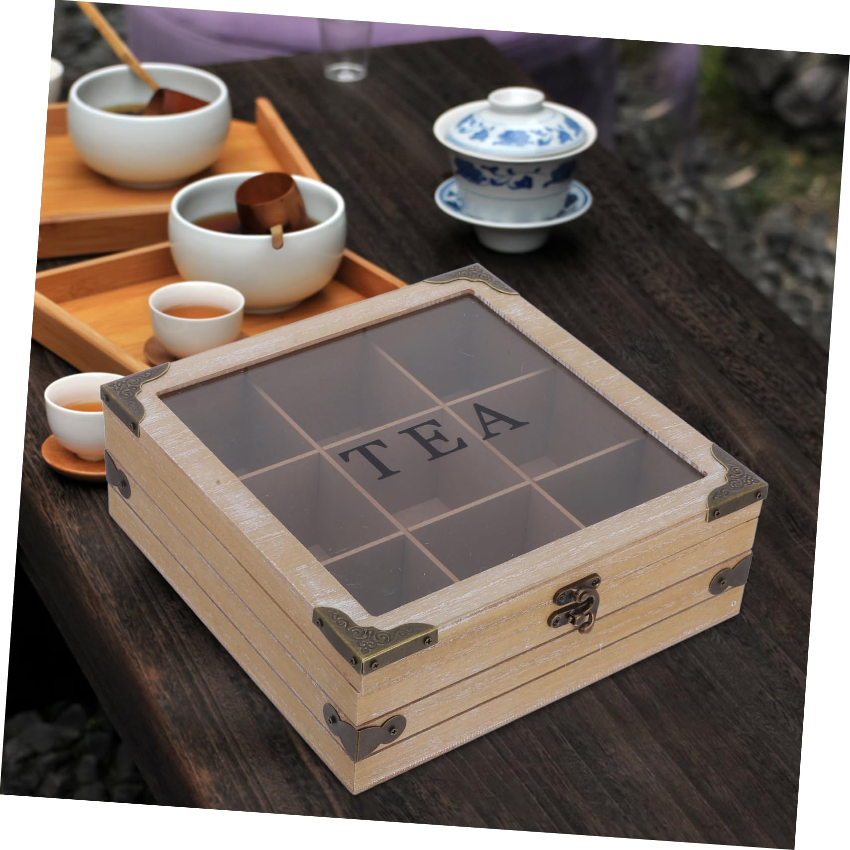 Caja Organizadora de Té de Madera con Tapa de Vidrio y Compartimentos
