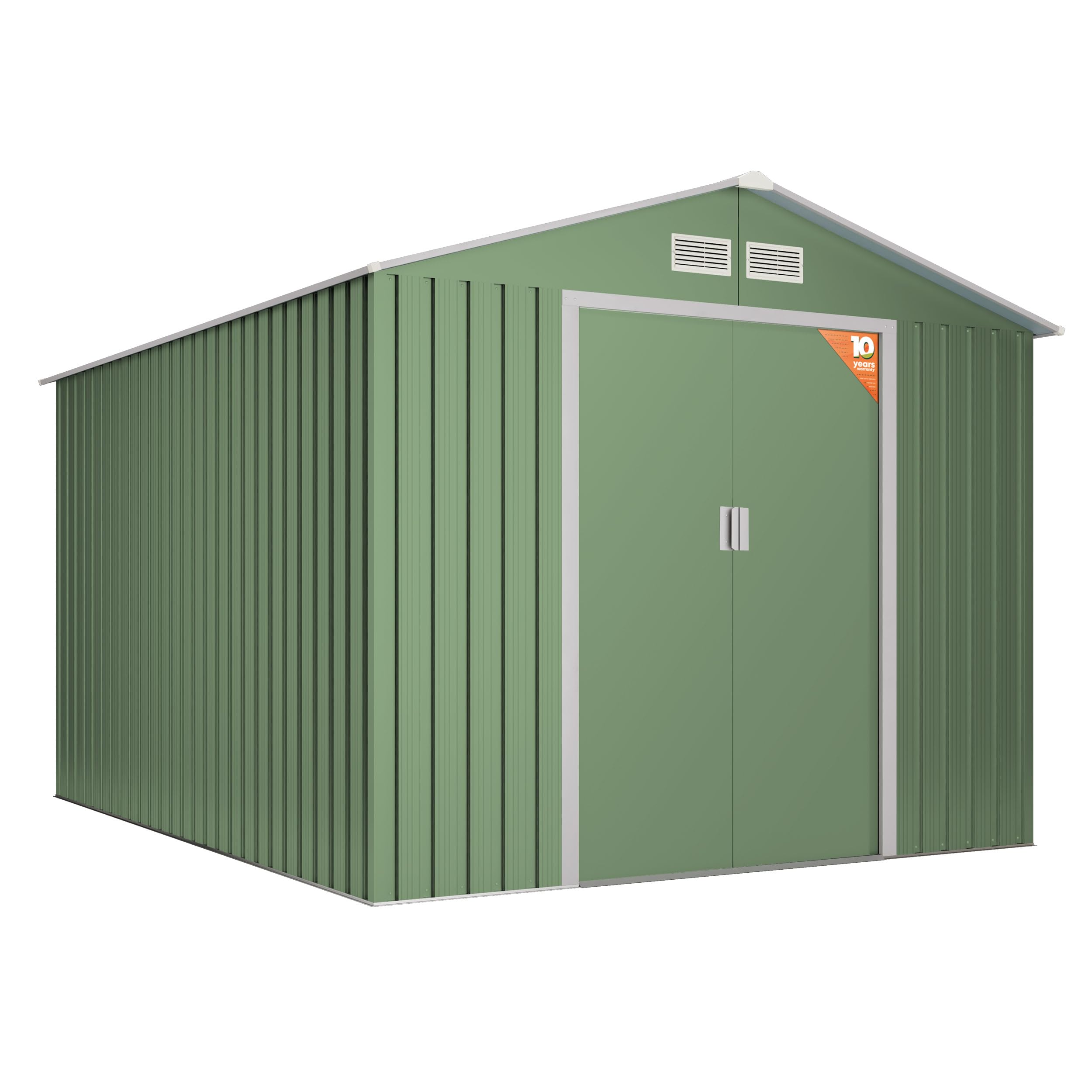 Wasabi - Caseta Jardín Exterior 8,08m2 Light Green - 258x313x202cm - Doble Puerta Corredera - Rejillas Ventilación - Techo a 2 Aguas - Cobertizo de Almacenamiento Metálico