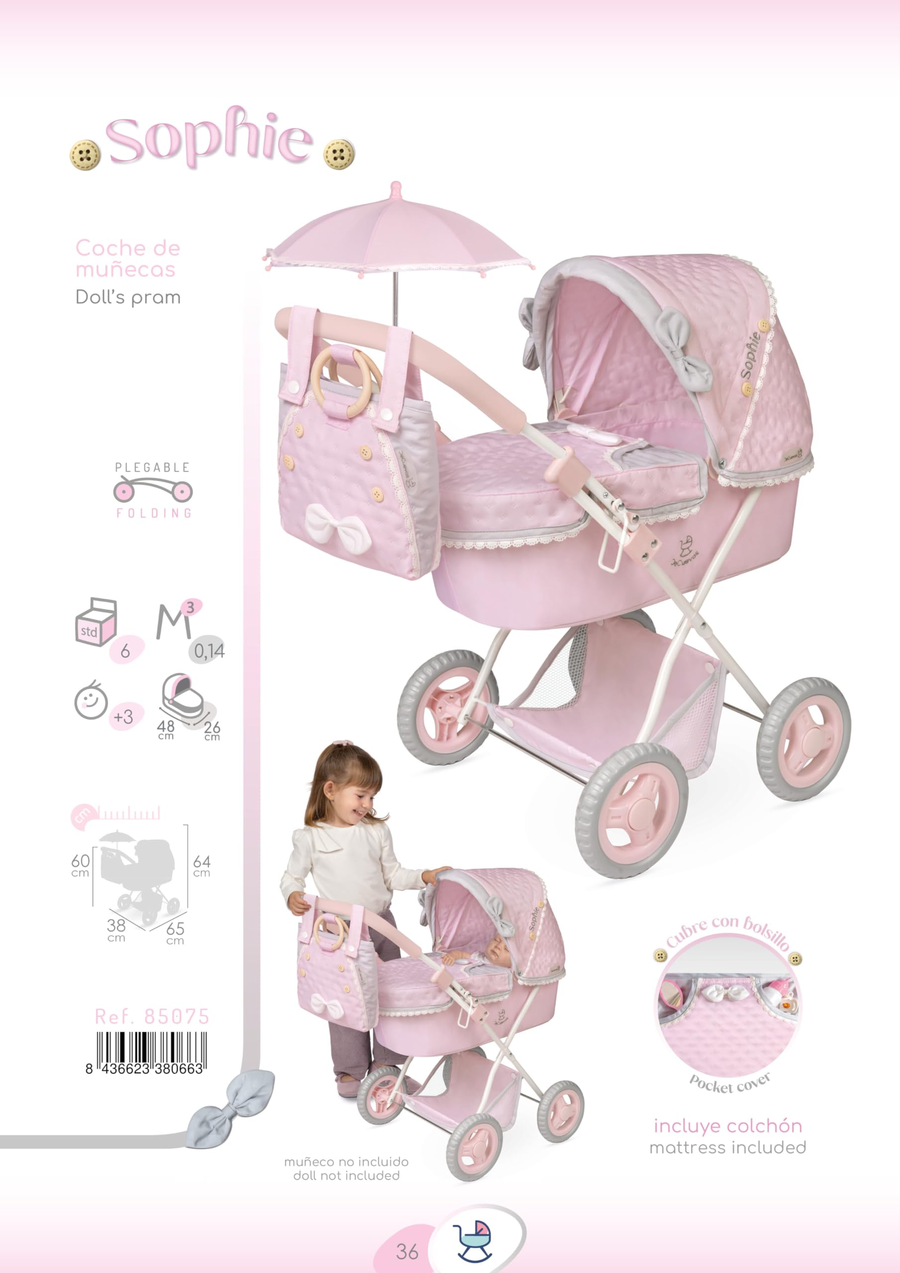 Carro de Muñecas Sophie Plegable con Sombrilla DeCuevas 85075