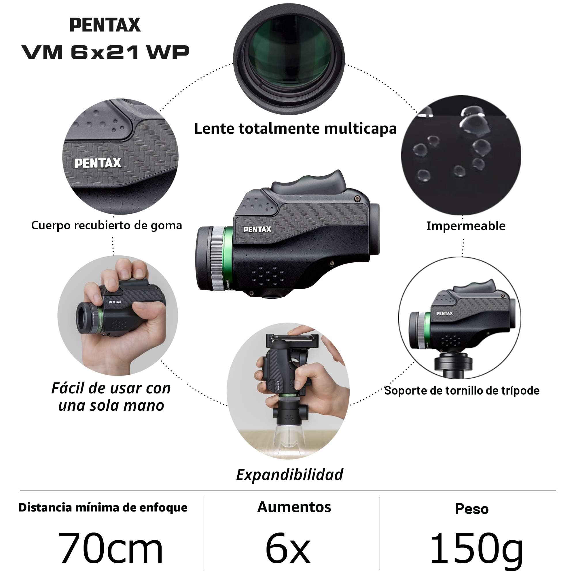 Pentax 63620 Monocular VM 6x21 WP Fácil de Usar con una Sola Mano Visión Brillante y Clara con Alto Contraste y excelente Rendimiento óptico Impermeable hasta 1 m Distancia mínima de Enfoque de 70cm