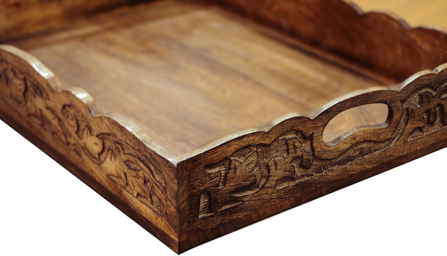 Hand Carved Wooden Serving Tray - Decorative Breakfast Tray with Handles - Rustic Wooden Food Tray with Intricate Detail - Unique Furnishing Accent - Natural Finish - 17 x 13 x 2.5 Inch - COTTON CRAFT - Image 4