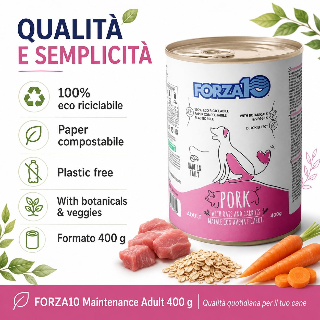 Maiale,Avena e Carote – Forza10 Cibo Umido per Cani Adulti di tutte le Taglie e Razze, Monoproteico, 12 Lattine x 400g, Alimento Completo Ricco in Carne.