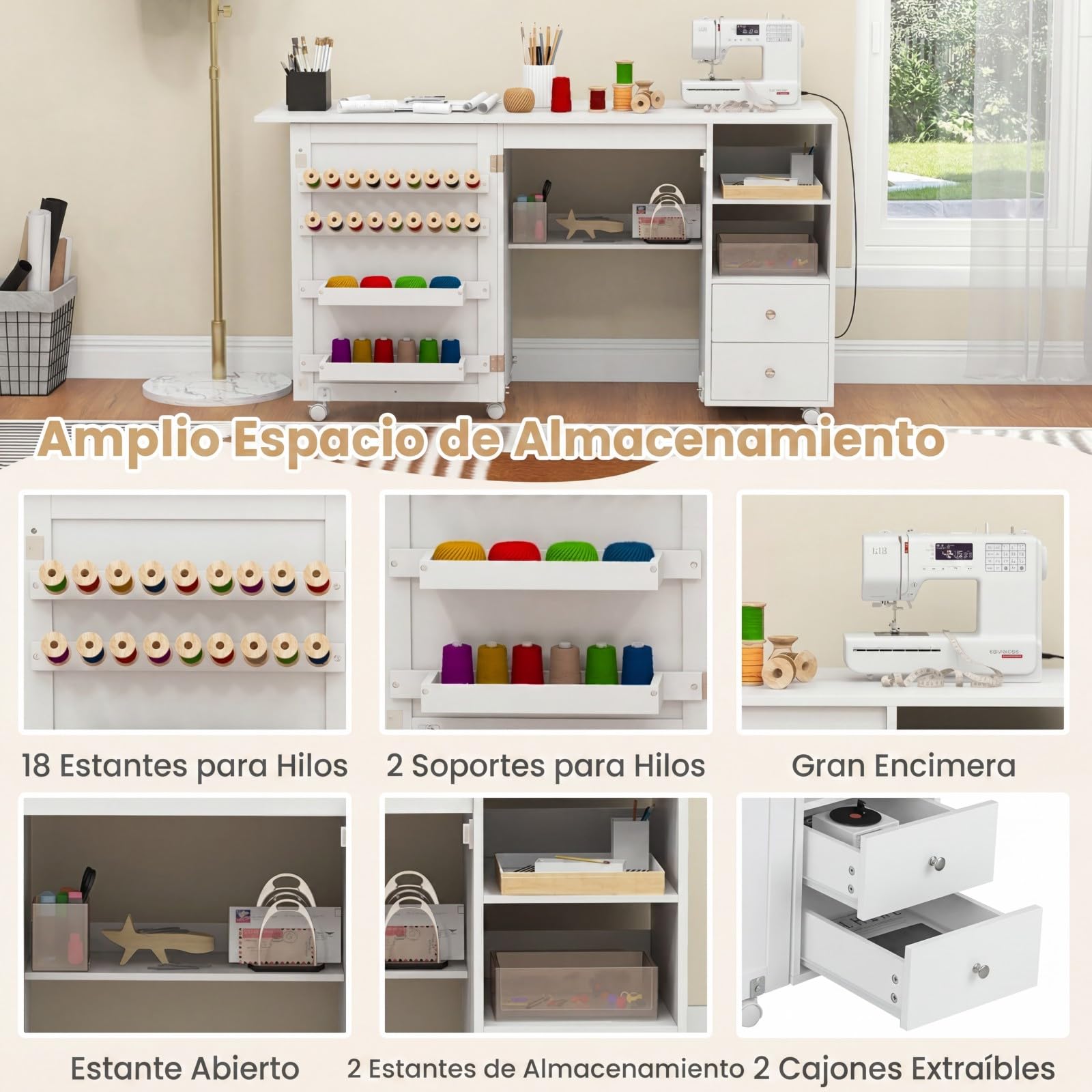 COSTWAY Mesa de Costura Plegable con Estación de Carga y Ruedas, para Hogar