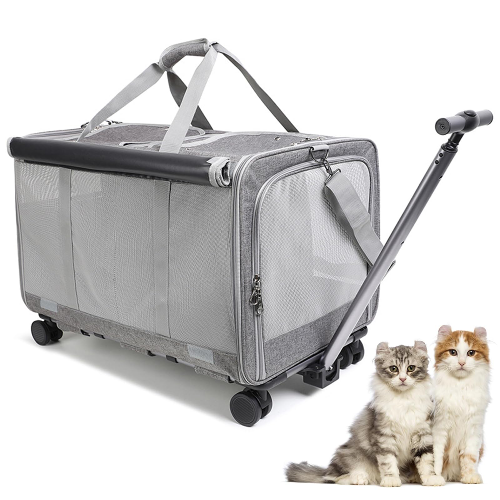 Transportín De Mascotas De Doble Compartimento con Ruedas Desmontables para Gato/Perro, Transportador Rodante para 2 Gatos Pequeños,Perros, Diseño Súper Ventilado,Gris