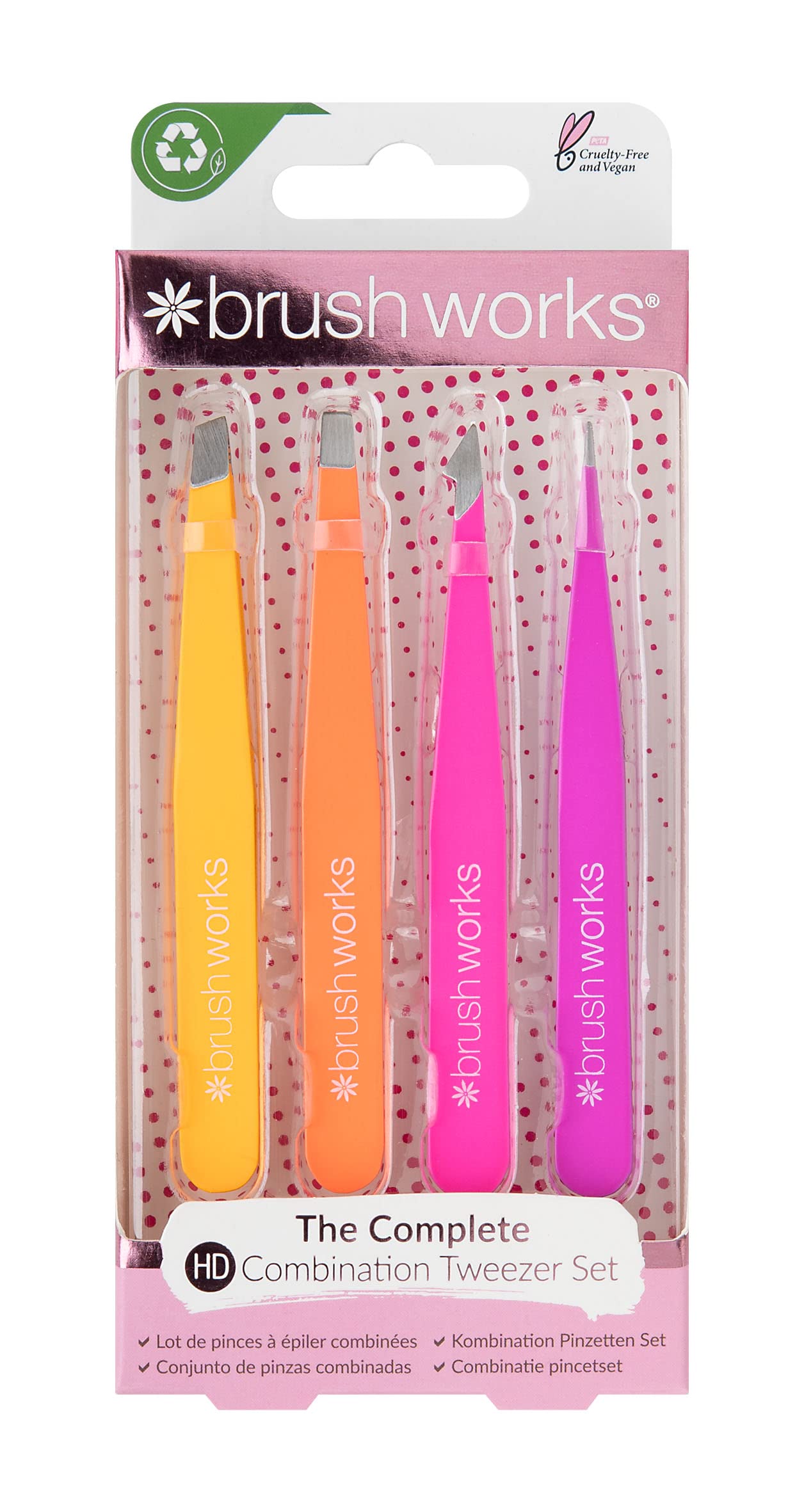 Brushworks Combination Tweezer Set Set Of Tweezers For Eyebrows Type Brights 4 Pc