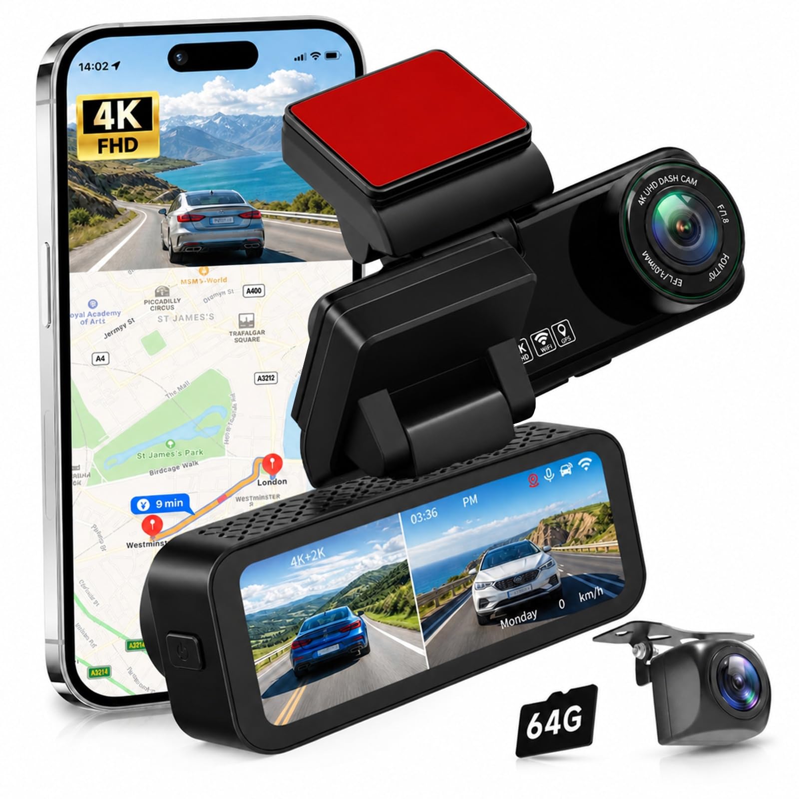 Rimoody Dashcam 4K con GPS, Doppia Telecamera Auto 3.16 Pollici, 4K Frontale + 2K Posteriore, Angolo 150°+120°, WiFi Dual-Band 2.4/5.8GHz, ADAS, Registrazione Ciclica, G-Sensor, Include Scheda 64GB