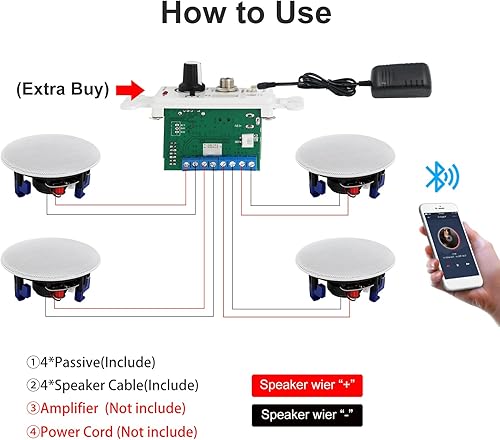 Miniatura 2 de Herdio Altavoces de techo, 6.5 pulgadas, 600 vatios, montaje empotrado pasivo con cable para baño, cocina, sala de estar, oficina (4 altavoces)
