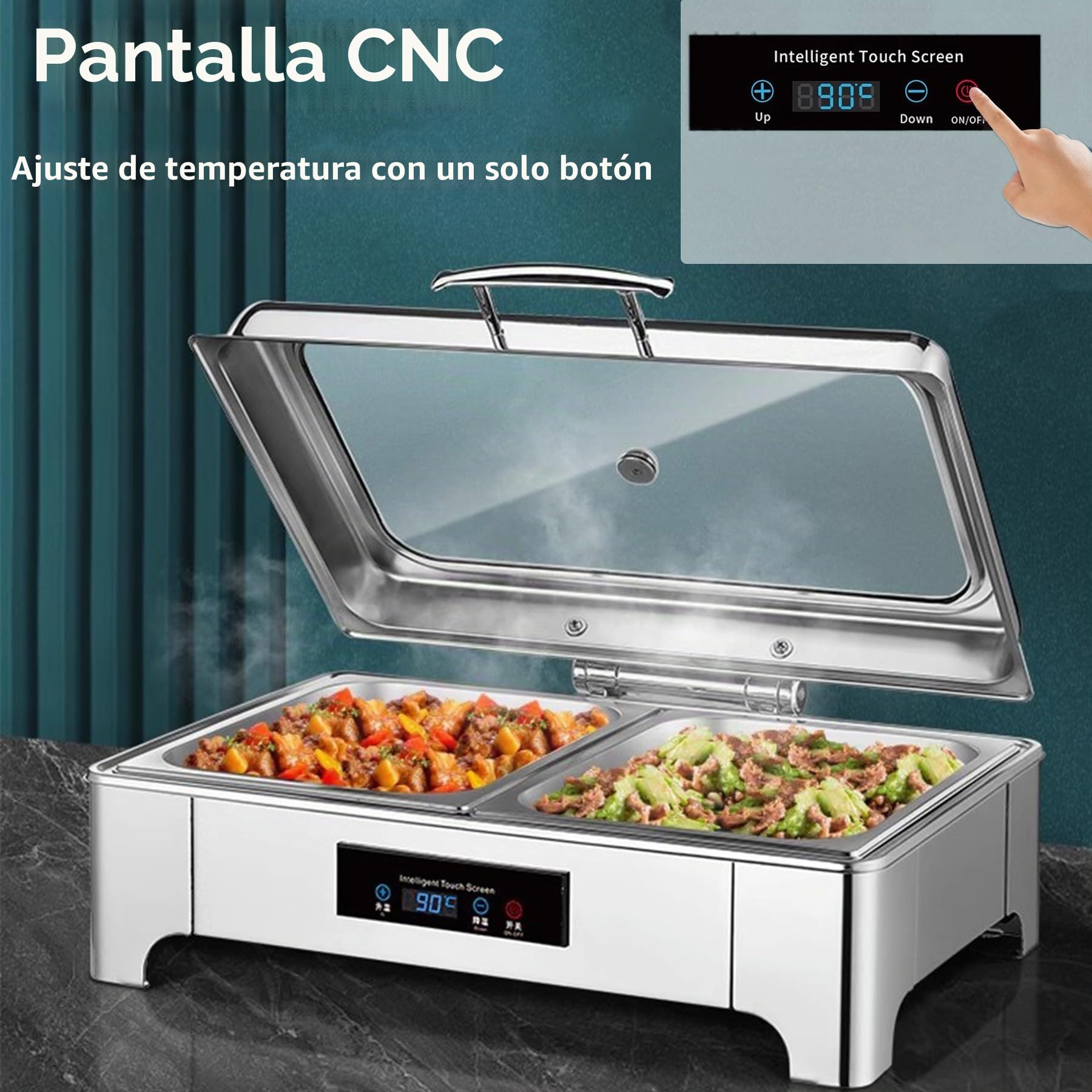 Chafing Dish Electrico, 9L Calentador de Buffet in Acero Inoxidable | Calentador de Comida Electrico con Controles Táctiles y Tapa de Cristal para Buffet y Fiestas, Temperatura Regulable