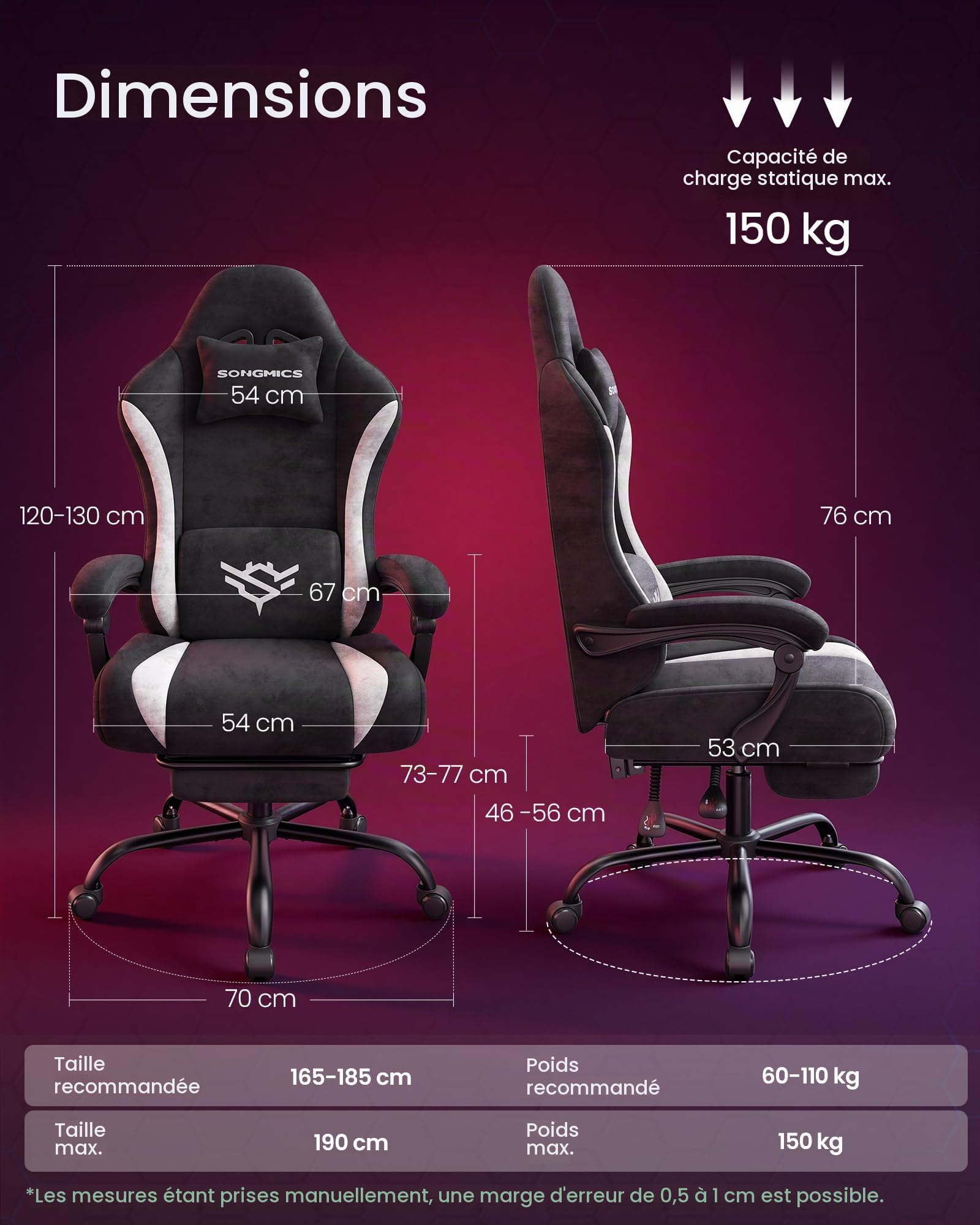 SONGMICS Chaise Gamer, Fauteuil de Bureau en Tissu Suédine, Ergonomique avec Repose-Pieds, Inclinable à 135°, 70 x 70 x (120-130) cm, Noir et Blanc, Collection Cathy OBG092BH01